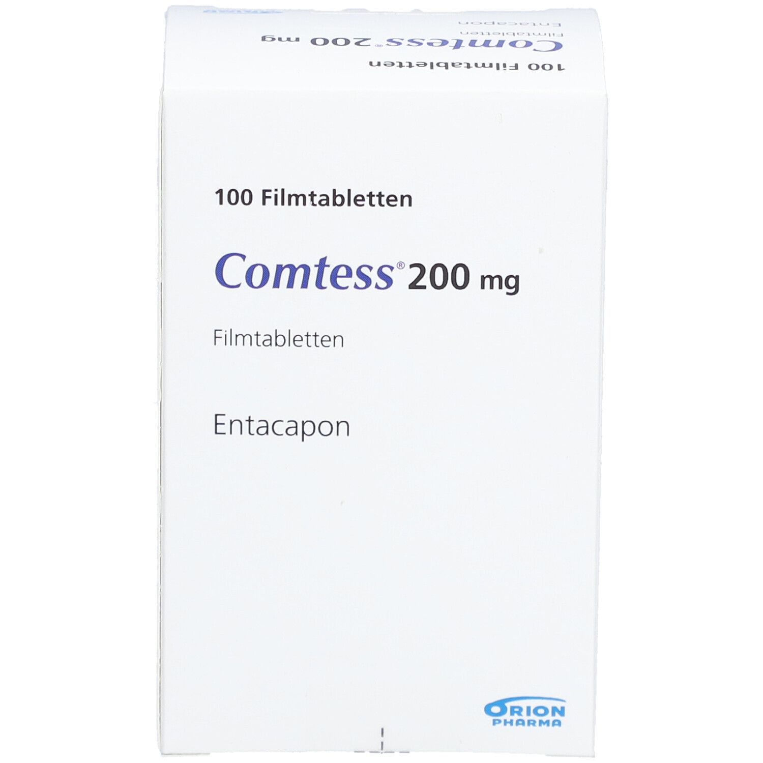Weiße Schachtel mit Produktinformationen. Aufschrift: Comtess 200 mg Filmtabletten, 100 Filmtabletten. Text: Entacapon.