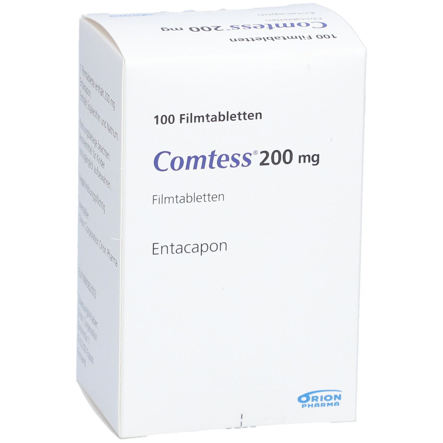 Weiße Schachtel mit Produktinformationen. Aufschrift: Comtess 200 mg Filmtabletten, 100 Filmtabletten. Text: Entacapon.