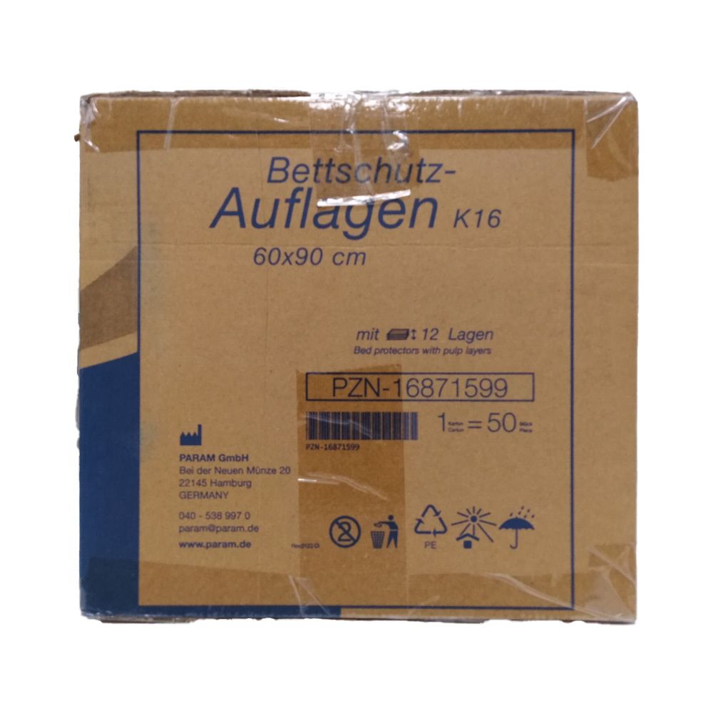 Kartonverpackung. Aufschrift: Bettschutz-Auflagen 60x90 cm K16, mit 12 Lagen. PZN-16871599. Logo: PARAM. Adressangaben.