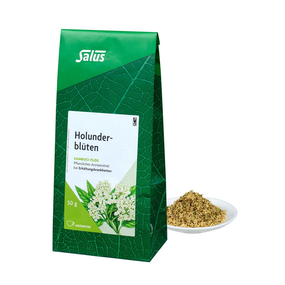 Grüner Beutel mit Holunderblüten Arzneitee, 50g. Daneben eine kleine Schale mit getrockneten Holunderblüten.