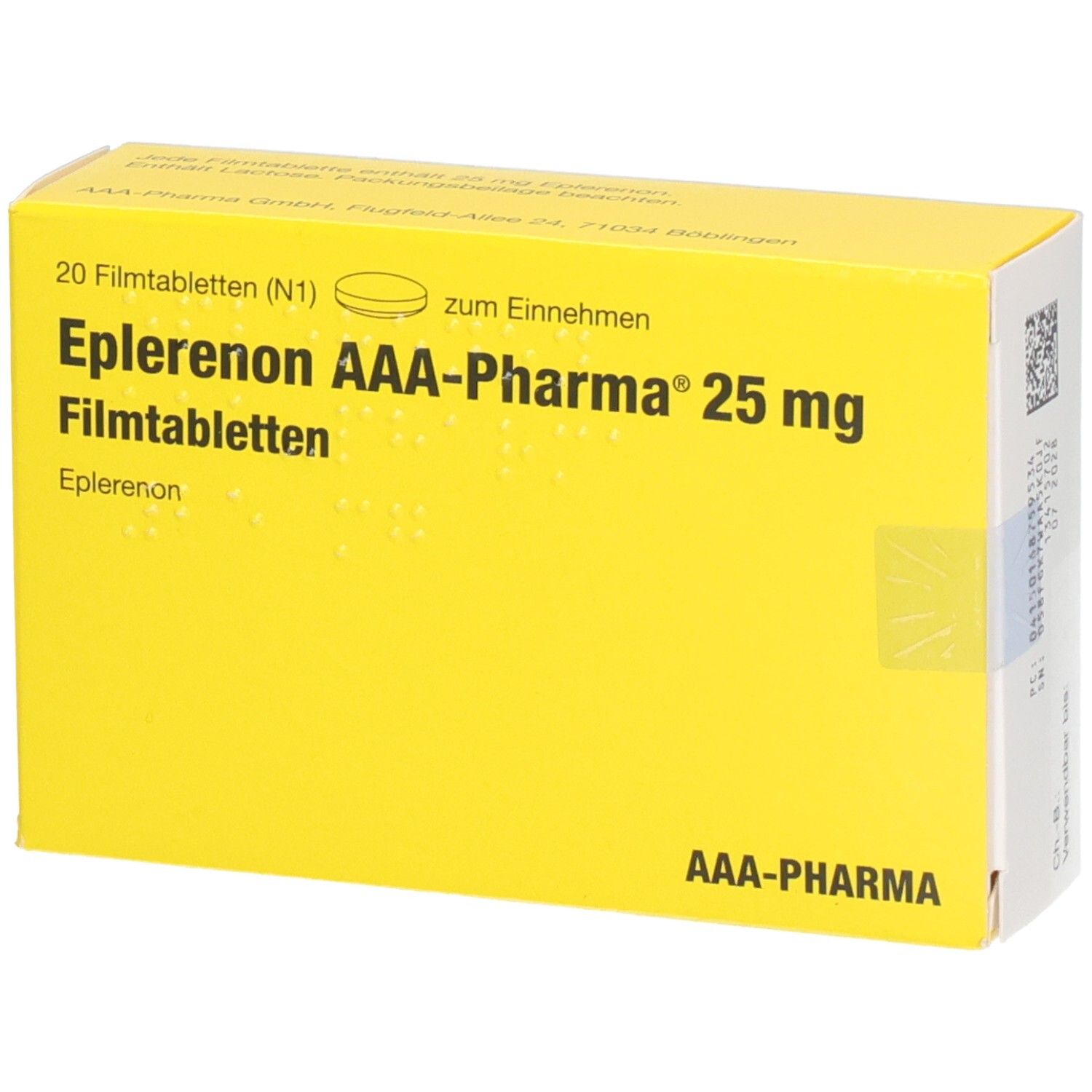 Gelbe Schachtel mit Aufschrift 'Eplerenon AAA-Pharma 25 mg'. Enthält 20 Filmtabletten. Logo 'AAA-Pharma'.