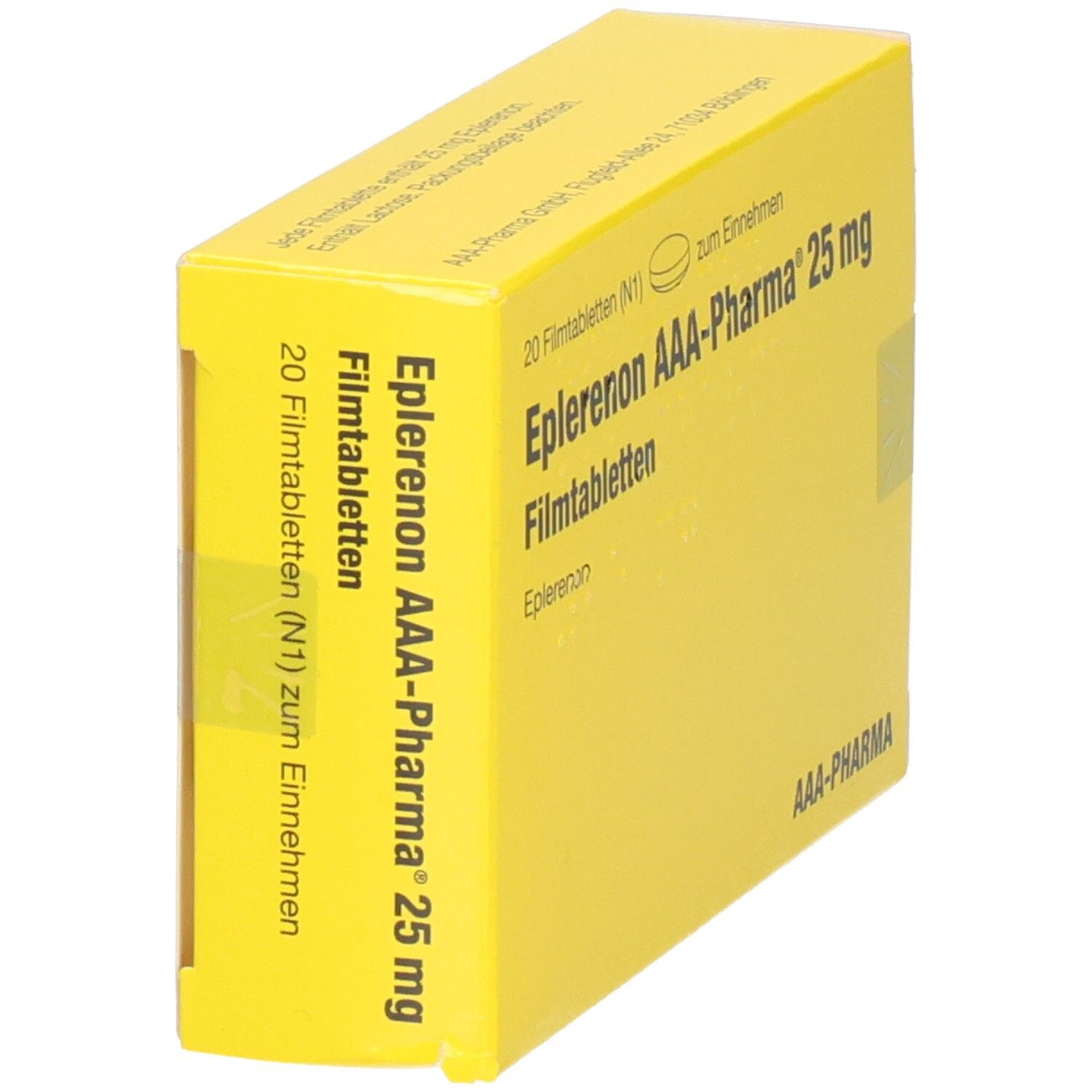 Gelbe Schachtel mit Aufschrift 'Eplerenon AAA-Pharma 25 mg'. Enthält 20 Filmtabletten. Logo 'AAA-Pharma'. Seitenansicht.