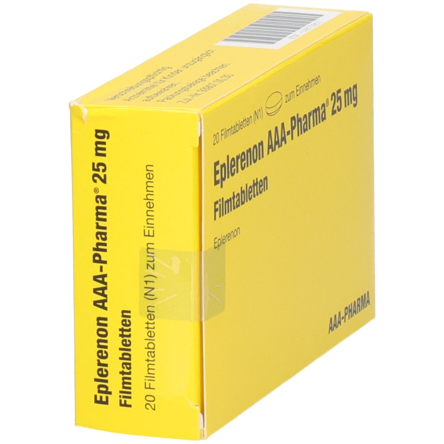 Gelbe Schachtel mit Aufschrift 'Eplerenon AAA-Pharma 25 mg'. Enthält 20 Filmtabletten. Logo 'AAA-Pharma'. Schräge Ansicht.