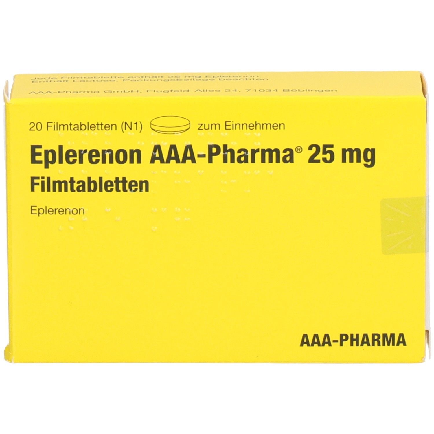 Gelbe Schachtel mit Aufschrift 'Eplerenon AAA-Pharma 25 mg'. Enthält 20 Filmtabletten. Logo 'AAA-Pharma'. Draufsicht.