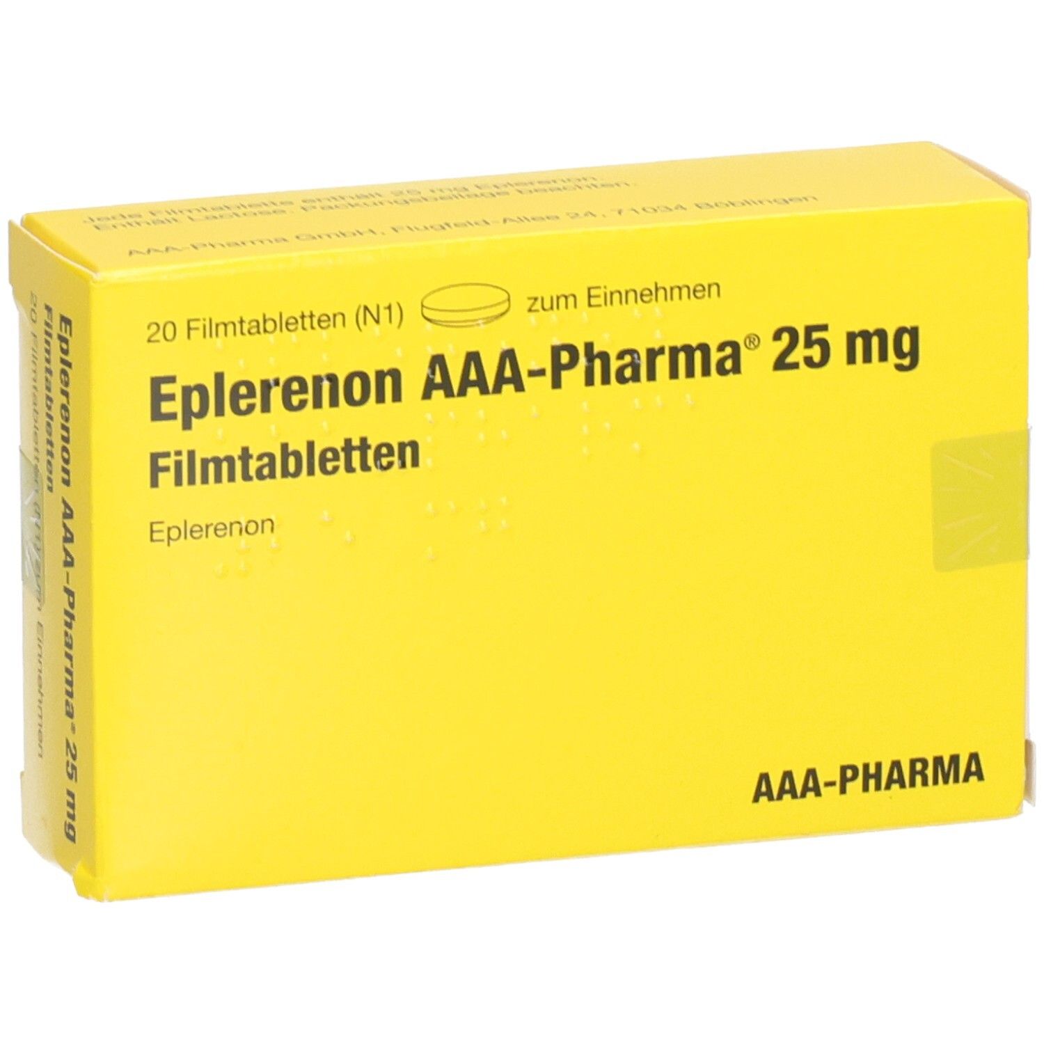 Gelbe Schachtel mit Aufschrift 'Eplerenon AAA-Pharma 25 mg'. Enthält 20 Filmtabletten. Logo 'AAA-Pharma'.