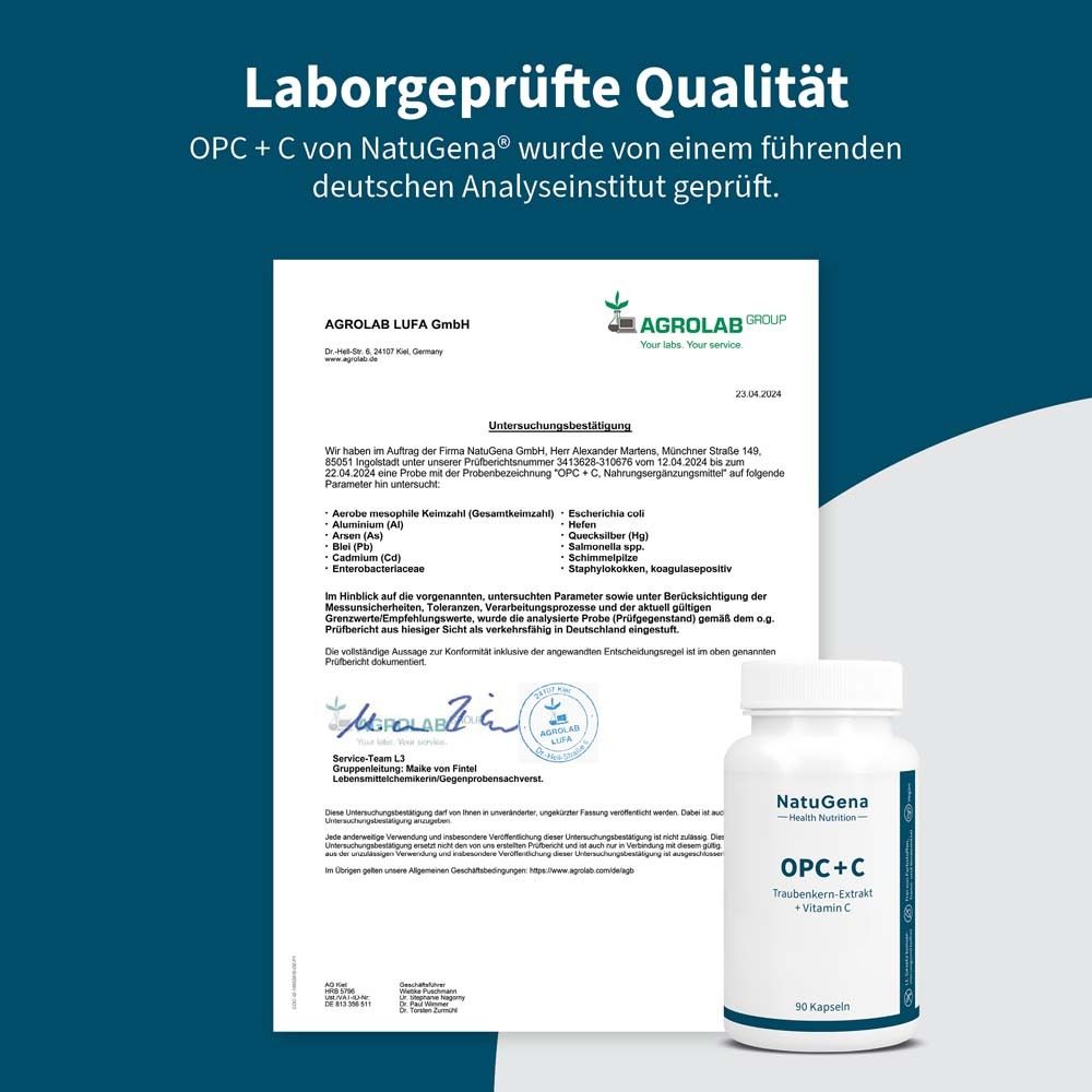 Laborbericht und Flasche mit Kapseln. OPC+C von NatuGena wurde geprüft. AGROLAB LUFA GmbH.