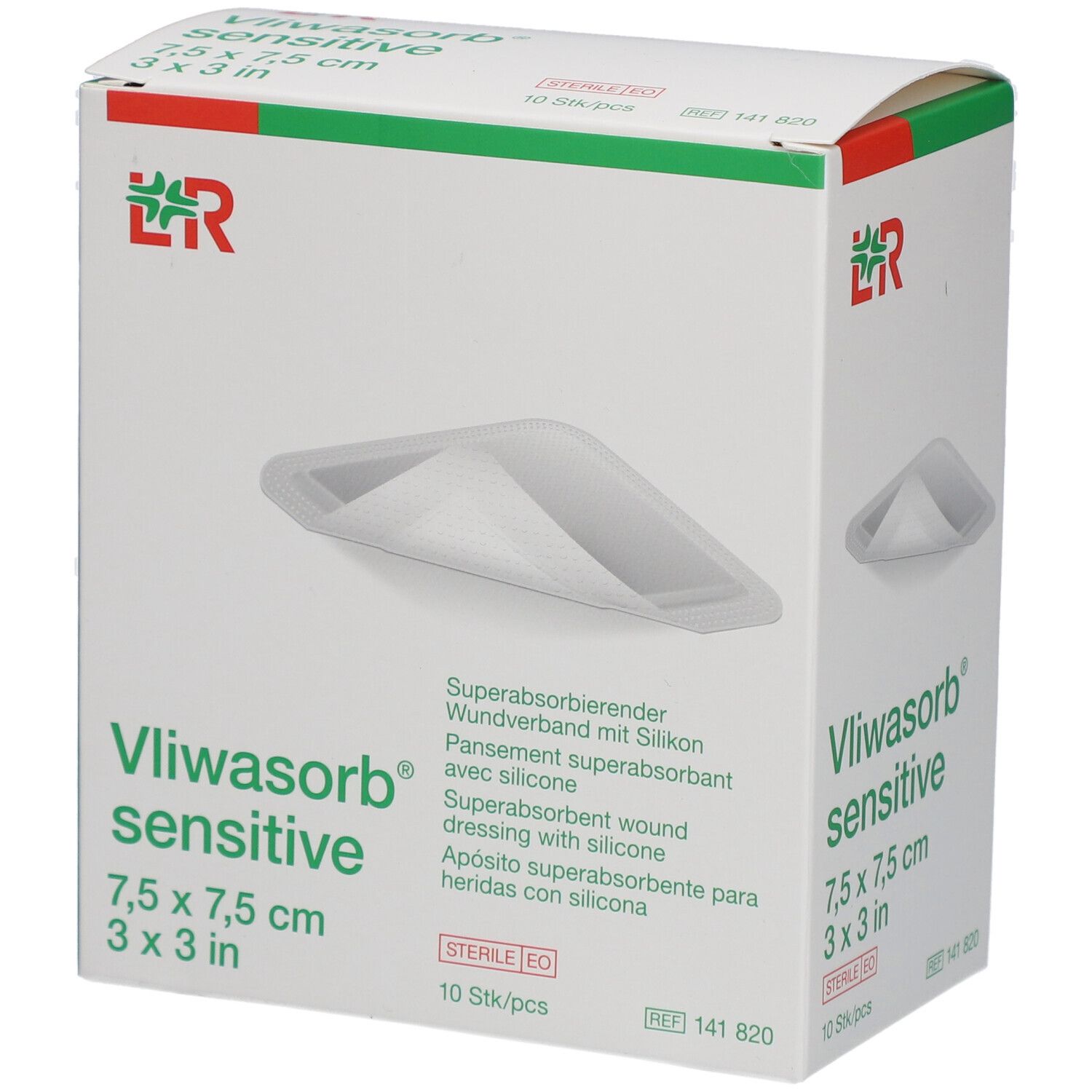Karton mit Vliwasorb sensitive Wundverband. Größe 7,5 x 7,5 cm. 10 Stück pro Packung. Sterile EO.