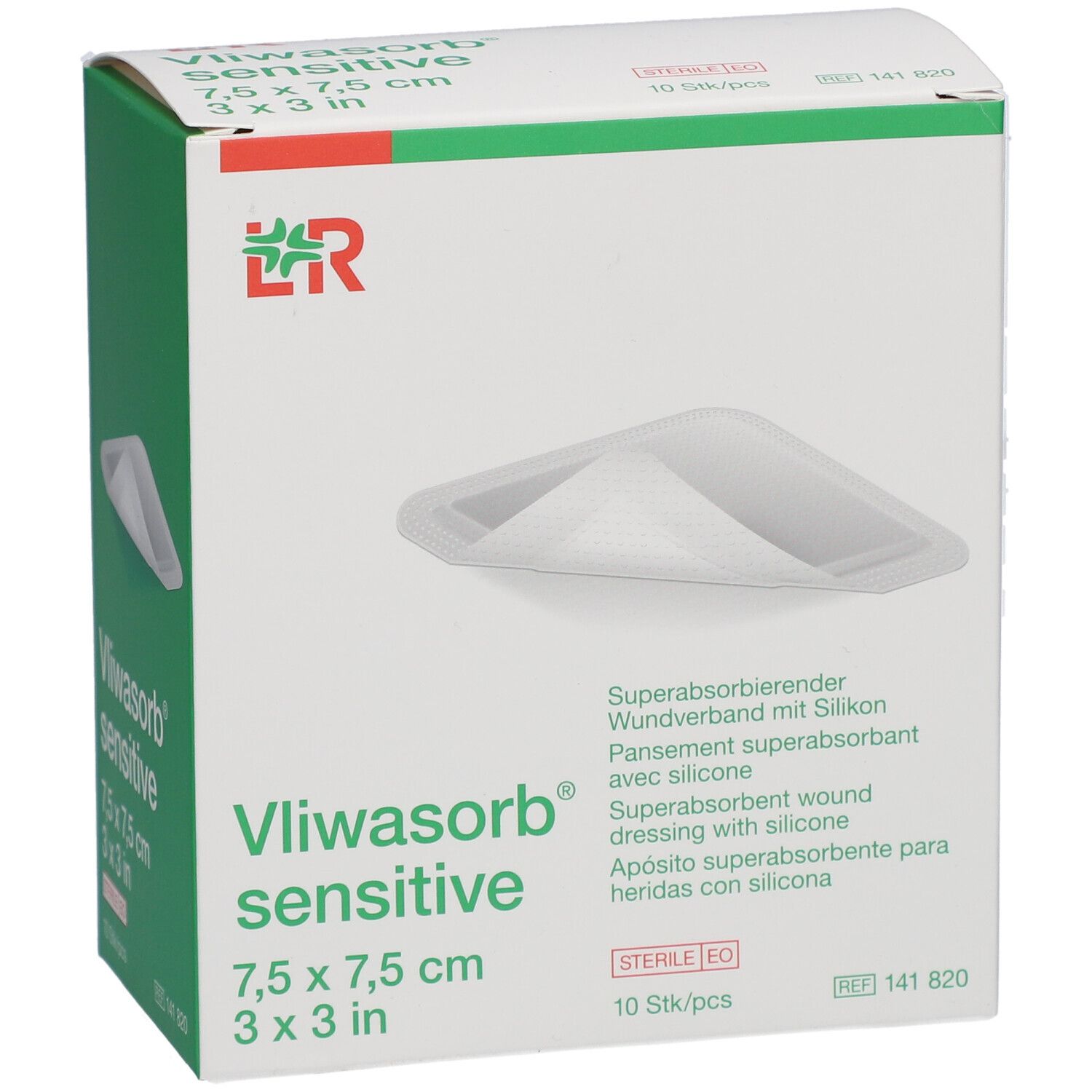 Karton mit Vliwasorb sensitive Wundverband. Größe 7,5 x 7,5 cm. 10 Stück pro Packung. Sterile EO.