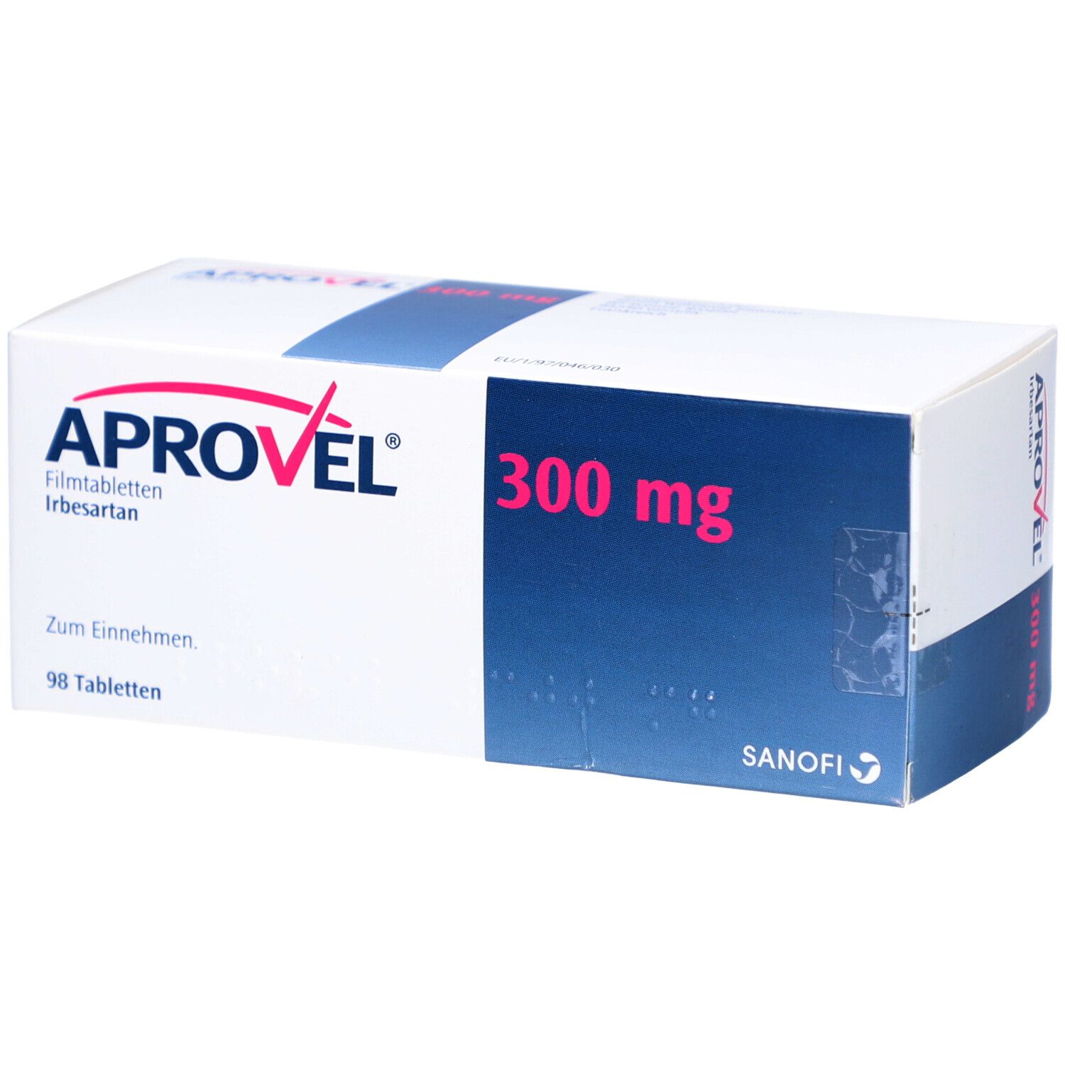 APROVEL 300 mg Filmtabletten-Packung. Weiße Schachtel mit blauer Fläche. Aufschrift: APROVEL, 300 mg, 98 Tabletten.