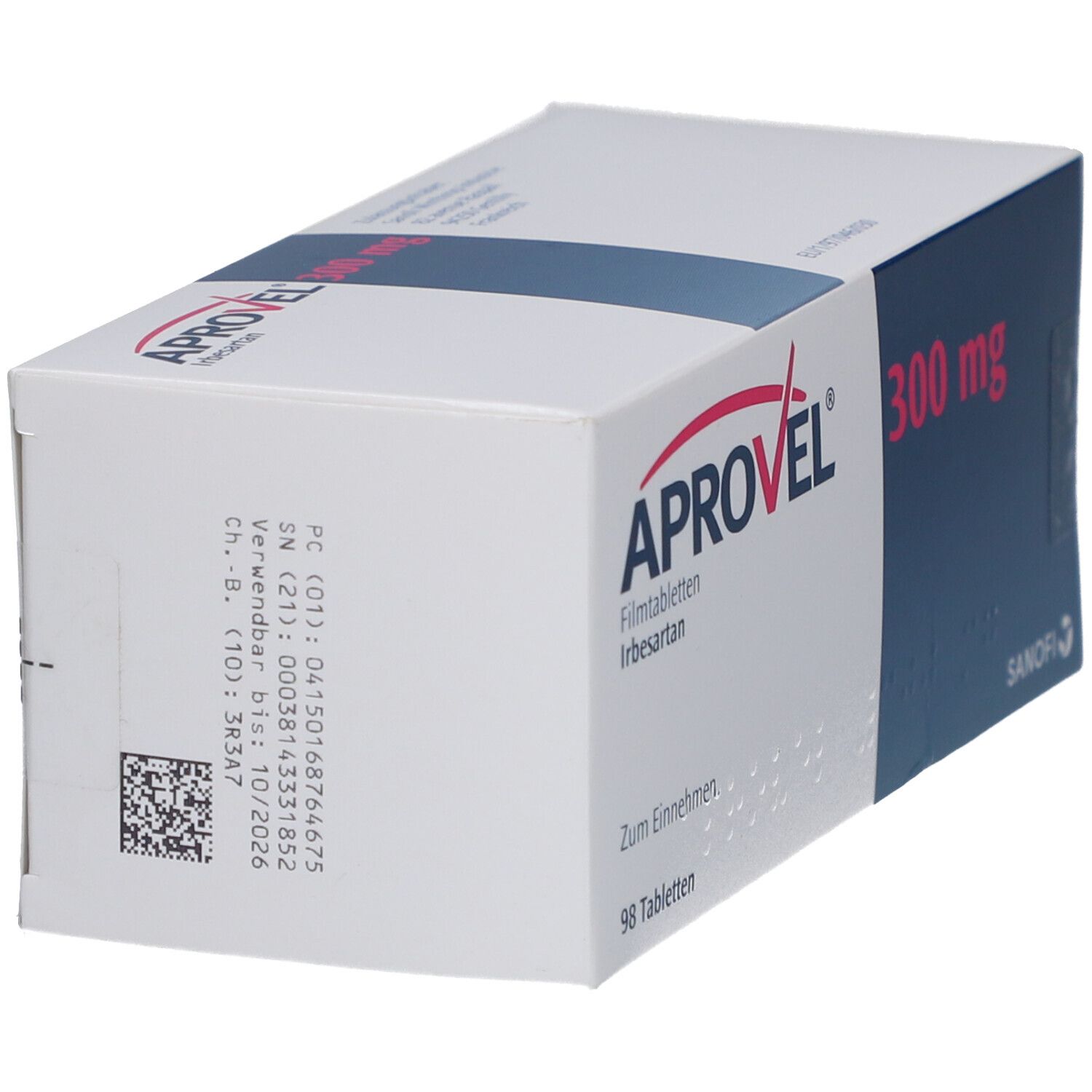 APROVEL 300 mg Filmtabletten-Packung. Weiße Schachtel mit blauer Fläche. Aufschrift: APROVEL, 300 mg, Sanofi Logo.