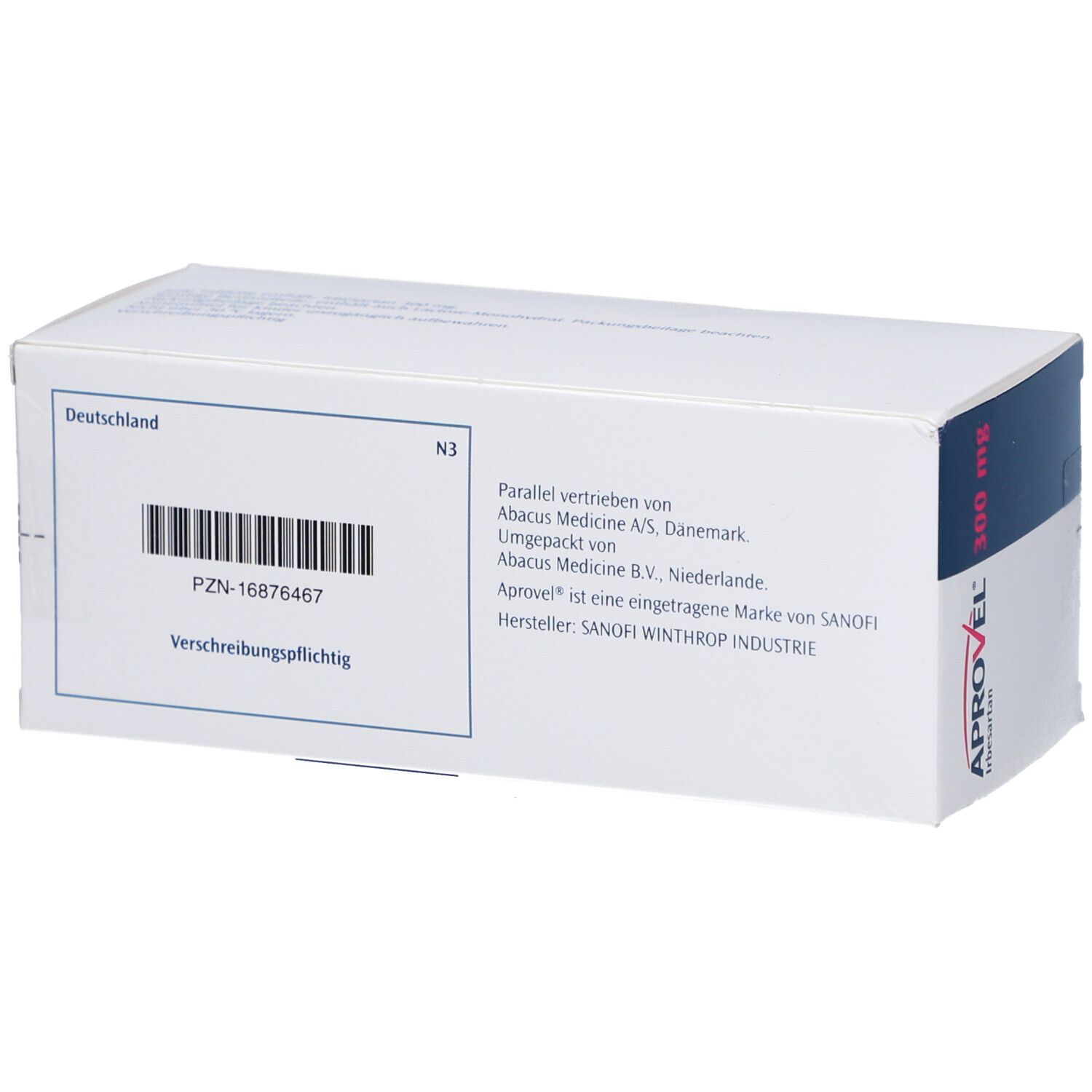 Rückseite der APROVEL 300 mg Packung. Weiße Schachtel mit Barcode und Text. Aufschrift: PZN, Hersteller SANOFI WINTHROP INDUSTRIE.