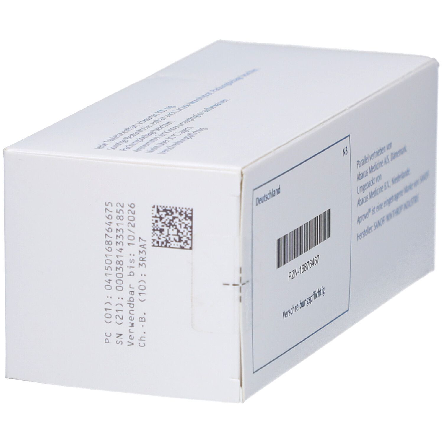 Seite der APROVEL 300 mg Packung. Weiße Schachtel mit Barcode und Text. Aufschrift: PZN, Verfallsdatum.