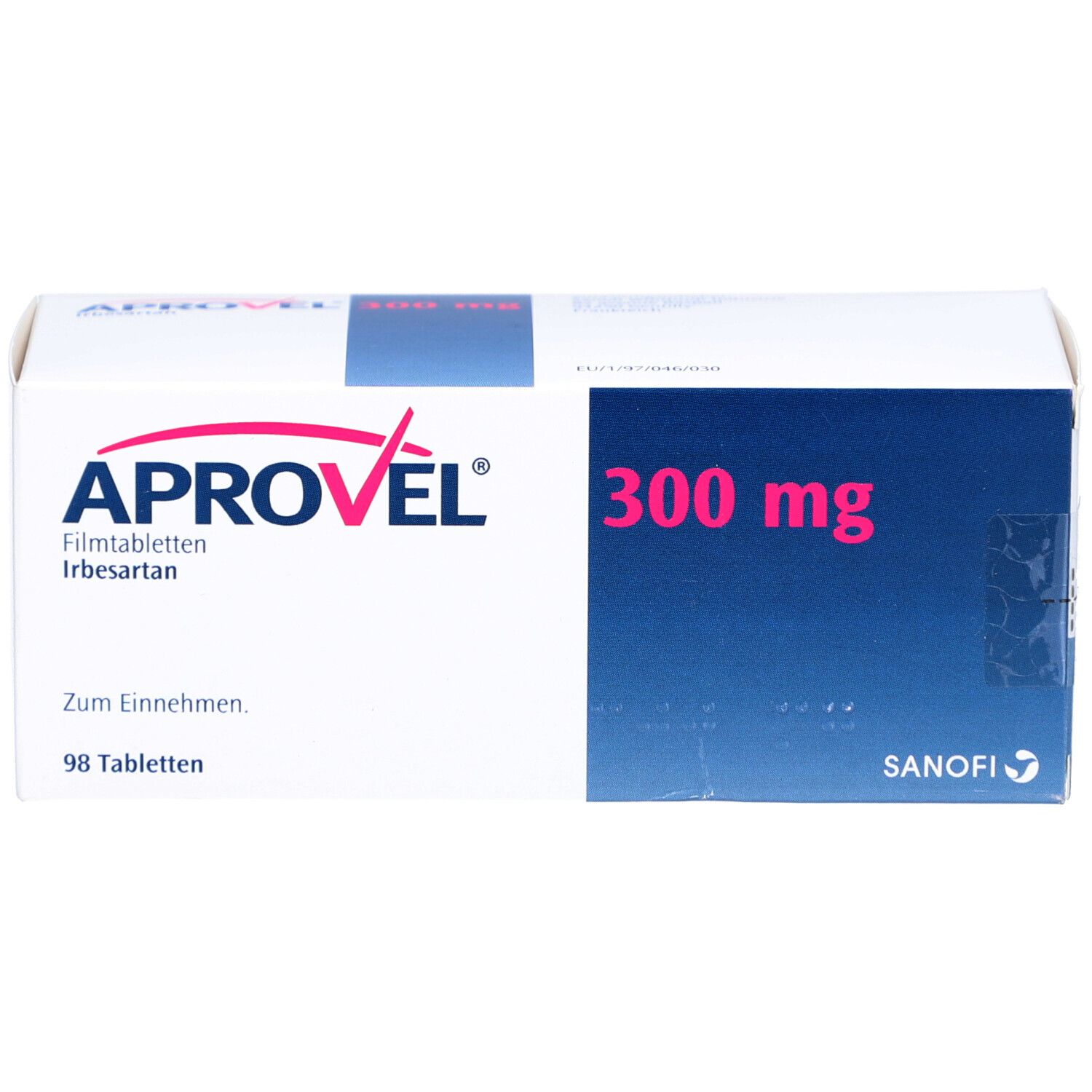 APROVEL 300 mg Filmtabletten-Packung. Weiße Schachtel mit blauer Fläche. Aufschrift: APROVEL, 300 mg, 98 Tabletten, Sanofi Logo.