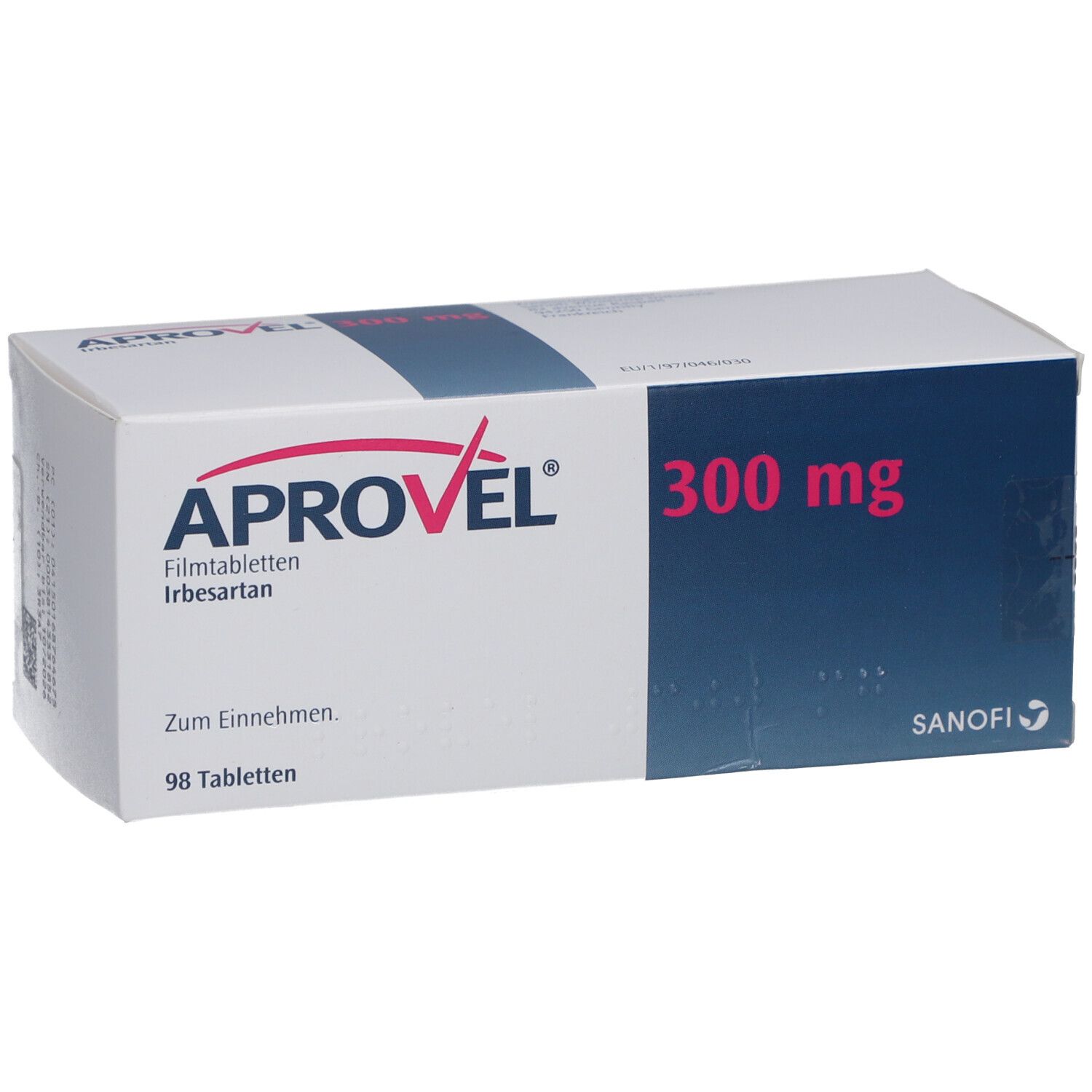 APROVEL 300 mg Filmtabletten-Packung. Weiße Schachtel mit blauer Fläche. Aufschrift: APROVEL, 300 mg, Sanofi Logo.