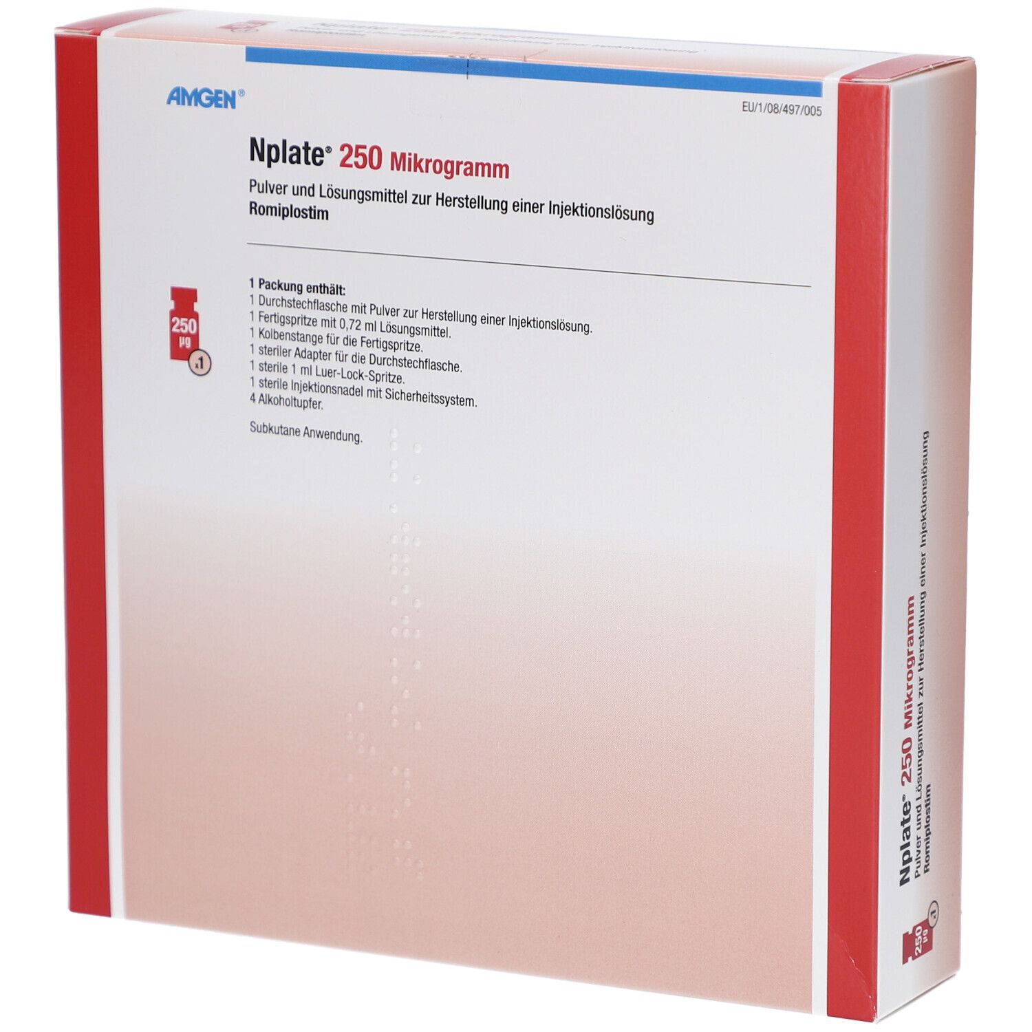 Verpackung von Nplate 250 Mikrogramm. Enthält Pulver und Lösungsmittel zur Herstellung einer Injektionslösung. Rote und weiße Box mit Text.