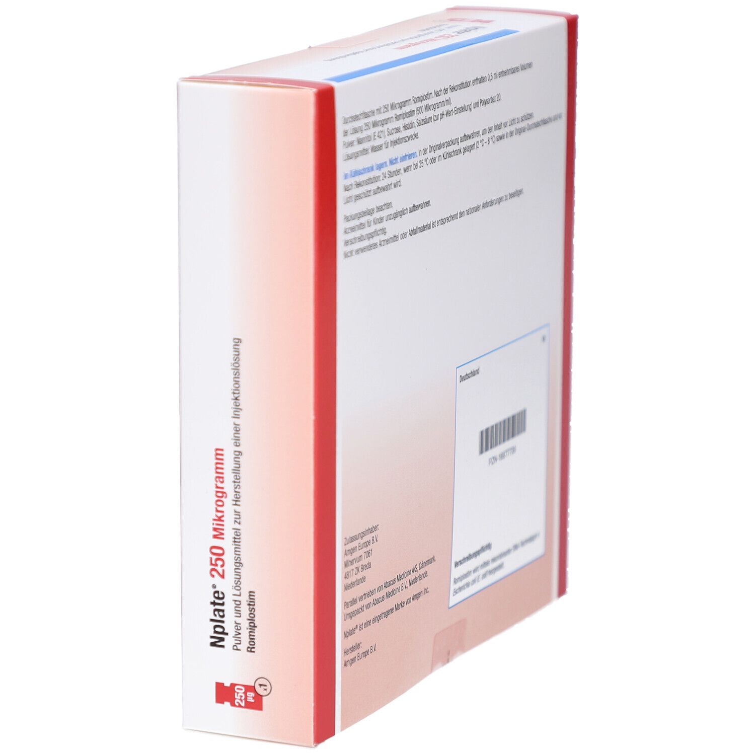 Schrägansicht der Rückseite der Nplate 250 Mikrogramm Verpackung. Text und Barcode sind sichtbar. Herstellerinformationen.