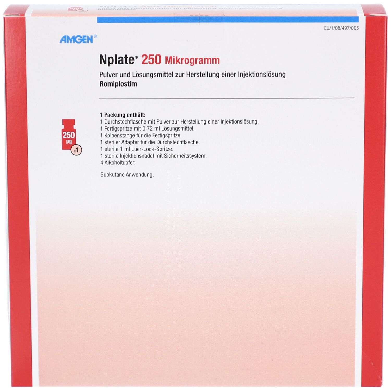 Vorderseite der Nplate 250 Mikrogramm Verpackung. Enthält Text und eine Auflistung der enthaltenen Komponenten. Das Logo von Amgen ist sichtbar.