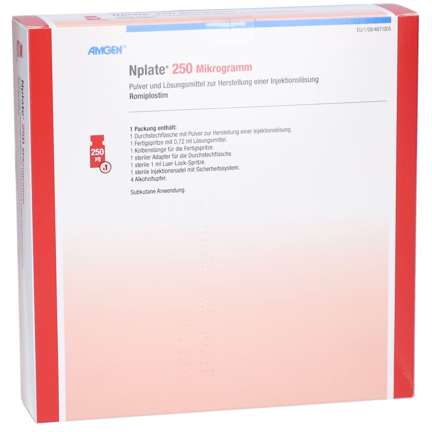 Vorderseite der Nplate 250 Mikrogramm Verpackung. Enthält Text und eine Auflistung der enthaltenen Komponenten. Das Logo von Amgen ist sichtbar.