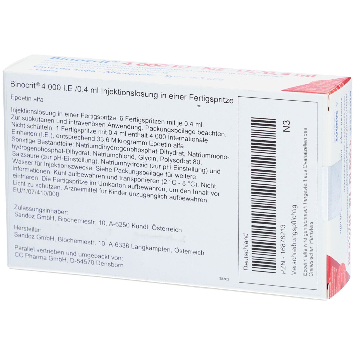 Rückseite der Binocrit-Verpackung. Enthält Informationen zu Inhaltsstoffen und Hersteller. Text.