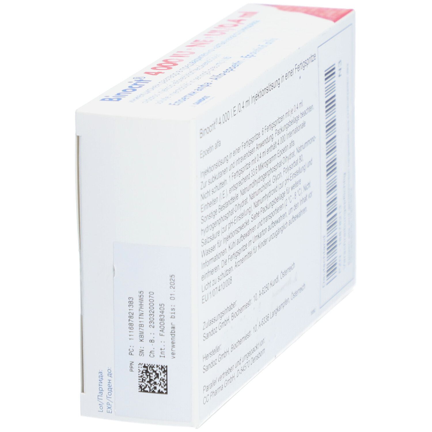 Binocrit-Verpackung, Seitenansicht. Text und Barcode. Sandoz-Logo. Verfallsdatum.