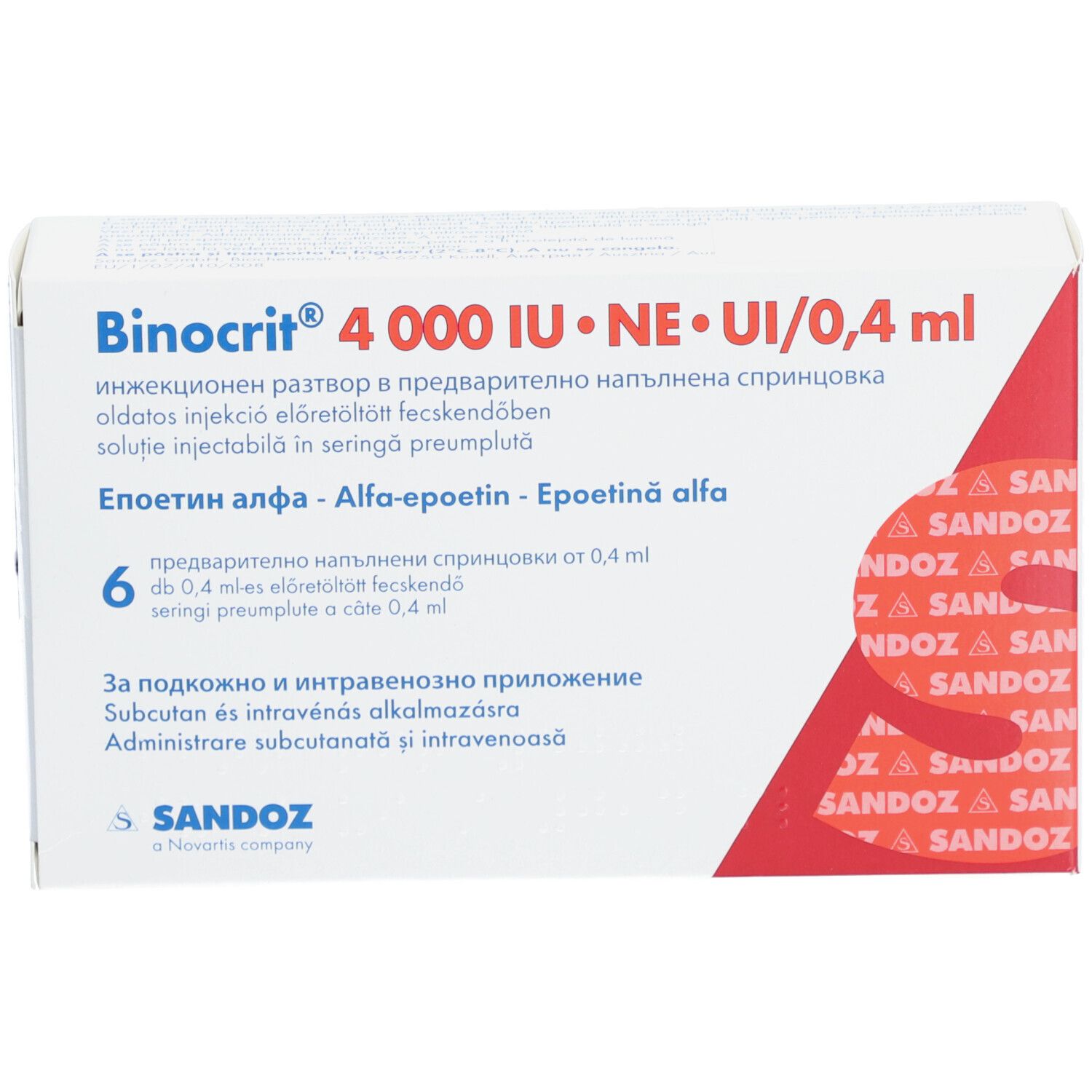 Binocrit 4.000 IE/0,4 ml Packung. Enthält 6 Fertigspritzen. Epoetin alfa. Sandoz-Logo.