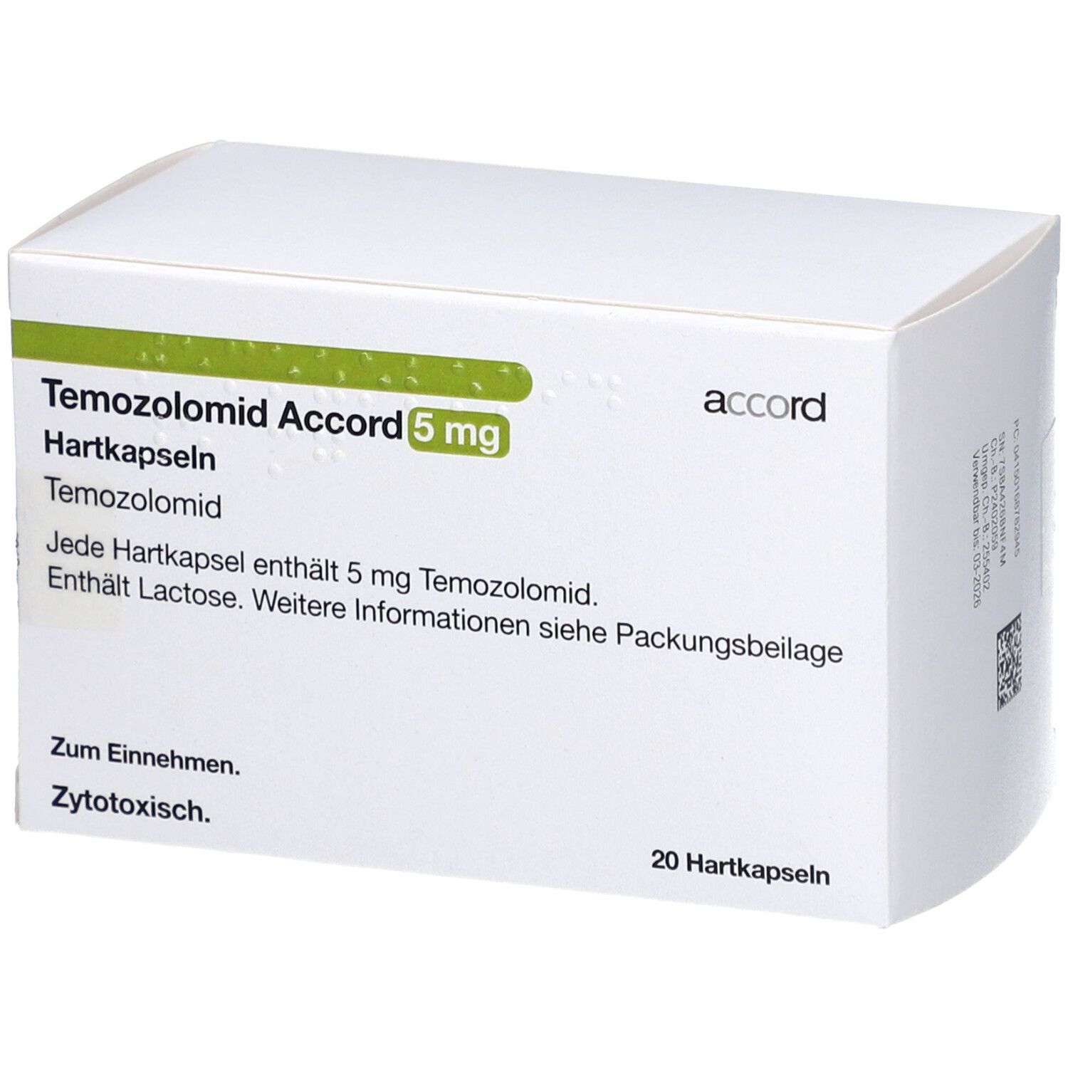 Weiße Schachtel mit Temozolomid Accord 5 mg. Grüne Schriftleiste. Text: Hartkapseln, 20 Hartkapseln. Accord Logo.