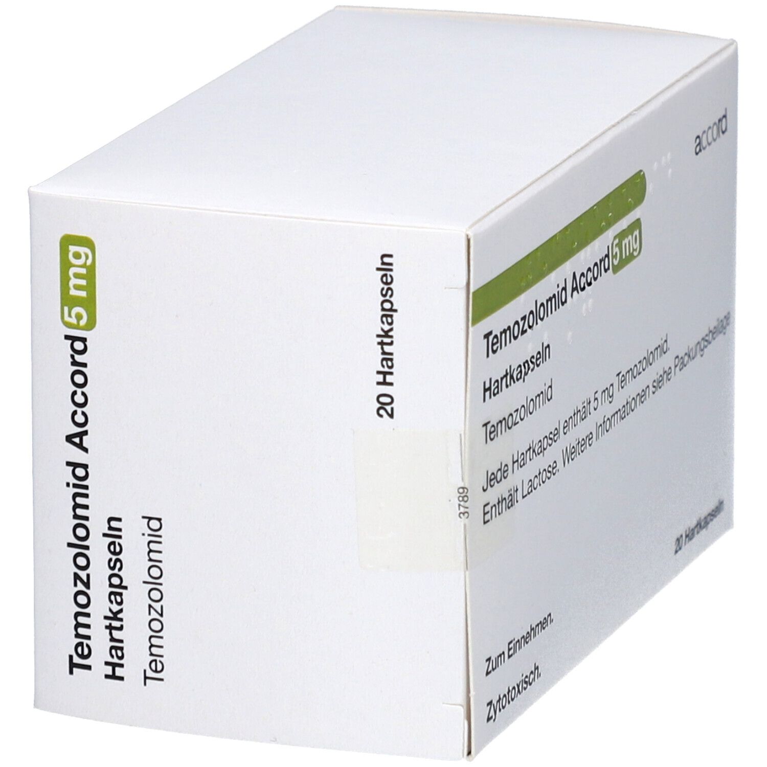 Weiße Schachtel mit grüner Beschriftung. Enthält Temozolomid Accord 5 mg Hartkapseln. 20 Hartkapseln. Marke: accord.
