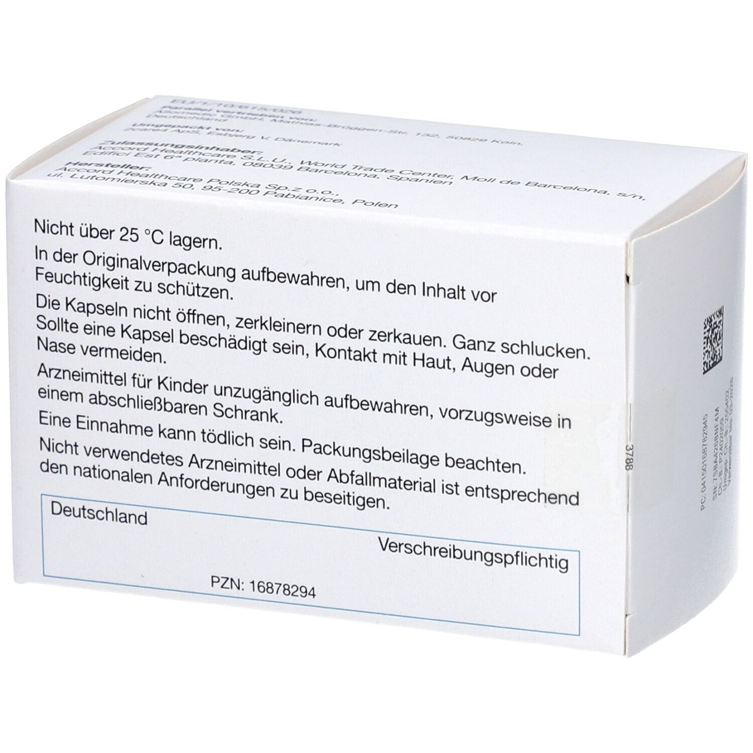 Rückseite der weißen Schachtel. Text: Lagerungshinweise, Warnhinweise, PZN, Hersteller. Barcode.