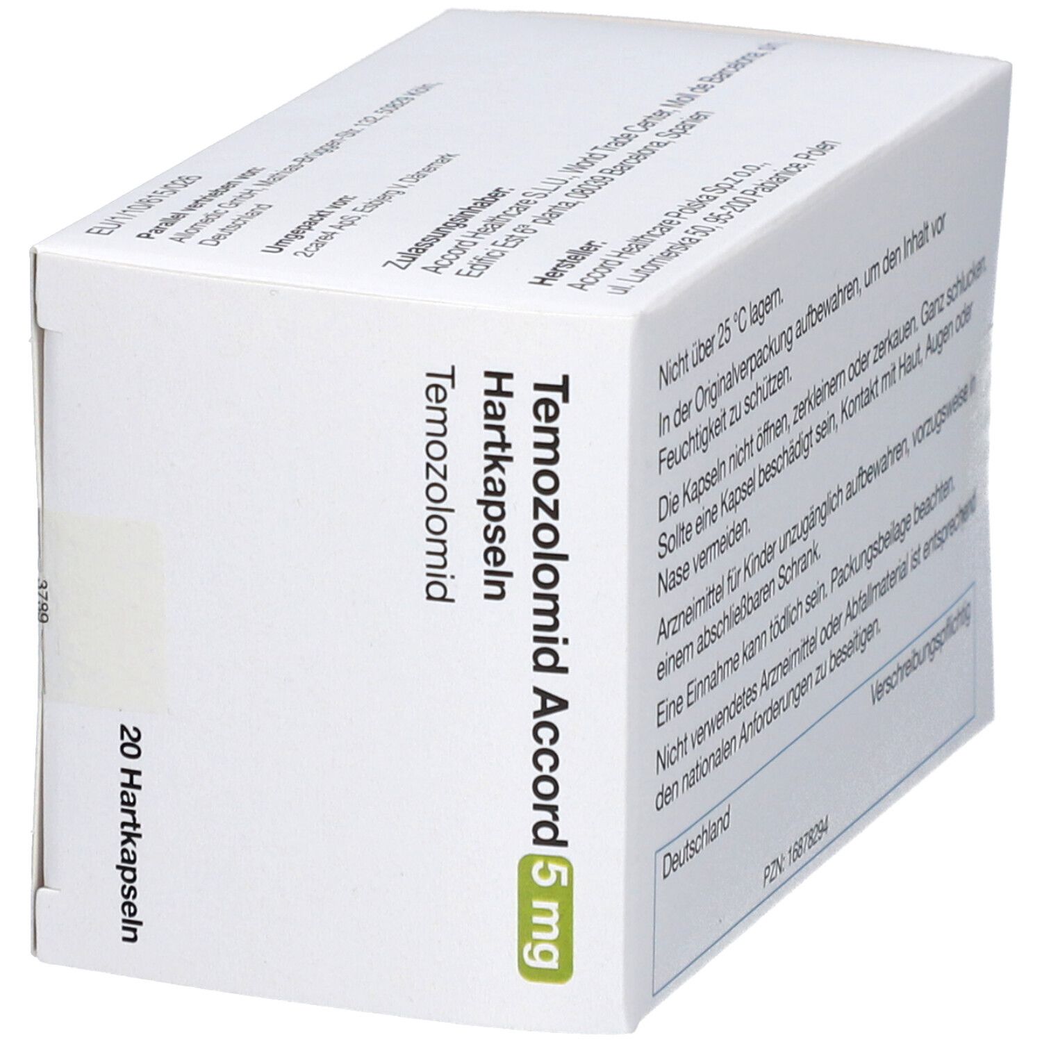 Weiße Schachtel mit Temozolomid Accord 5 mg. Text: Hartkapseln, 20 Hartkapseln. Herstellerinformationen. Barcode.