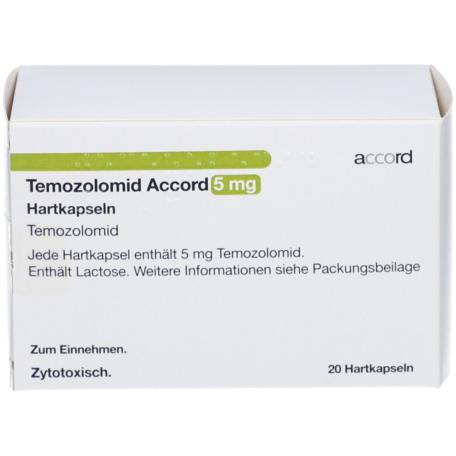Weiße Schachtel mit grüner Beschriftung. Enthält Temozolomid Accord 5 mg Hartkapseln. 20 Hartkapseln. Marke: accord.