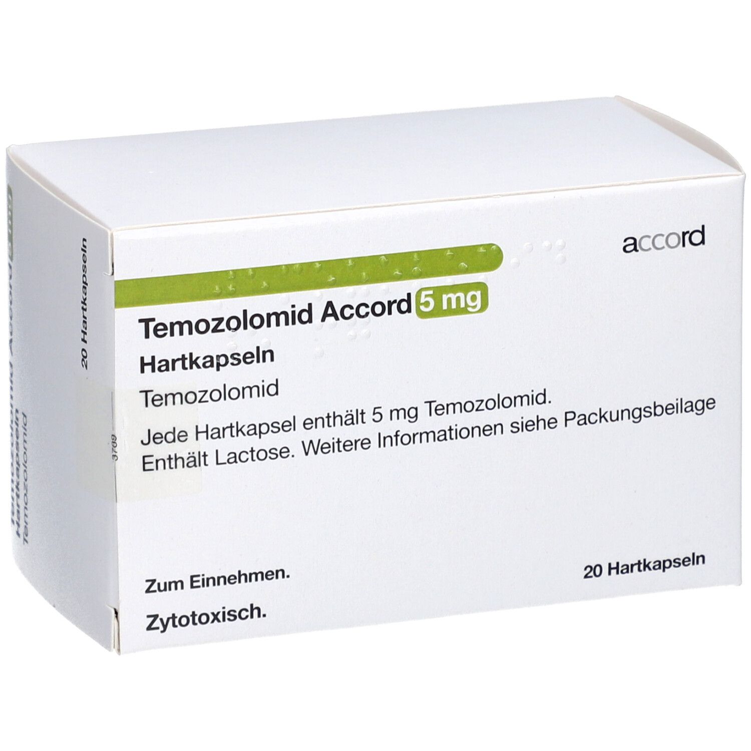 Weiße Schachtel mit grüner Beschriftung. Enthält Temozolomid Accord 5 mg Hartkapseln. 20 Hartkapseln. Marke: accord.