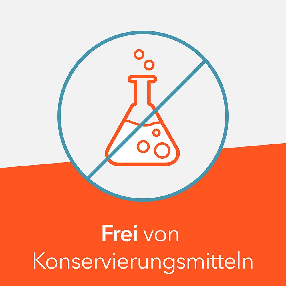 Grafik: Kolben mit Kreuz. Text: Frei von Konservierungsmitteln.