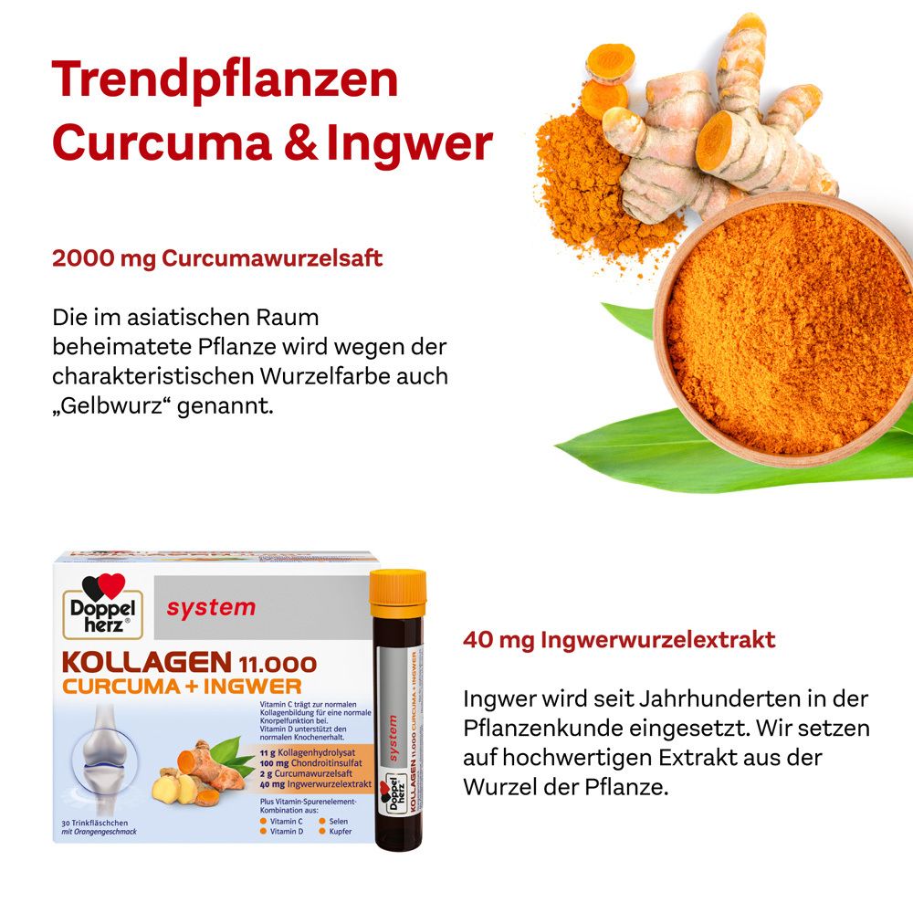 Curcuma und Ingwer. Ingwerwurzeln und Curcumapulver in Schale. Daneben: Packung und Trinkfläschchen Doppelherz® system KOLLAGEN 11.000 CURCUMA + INGWER.