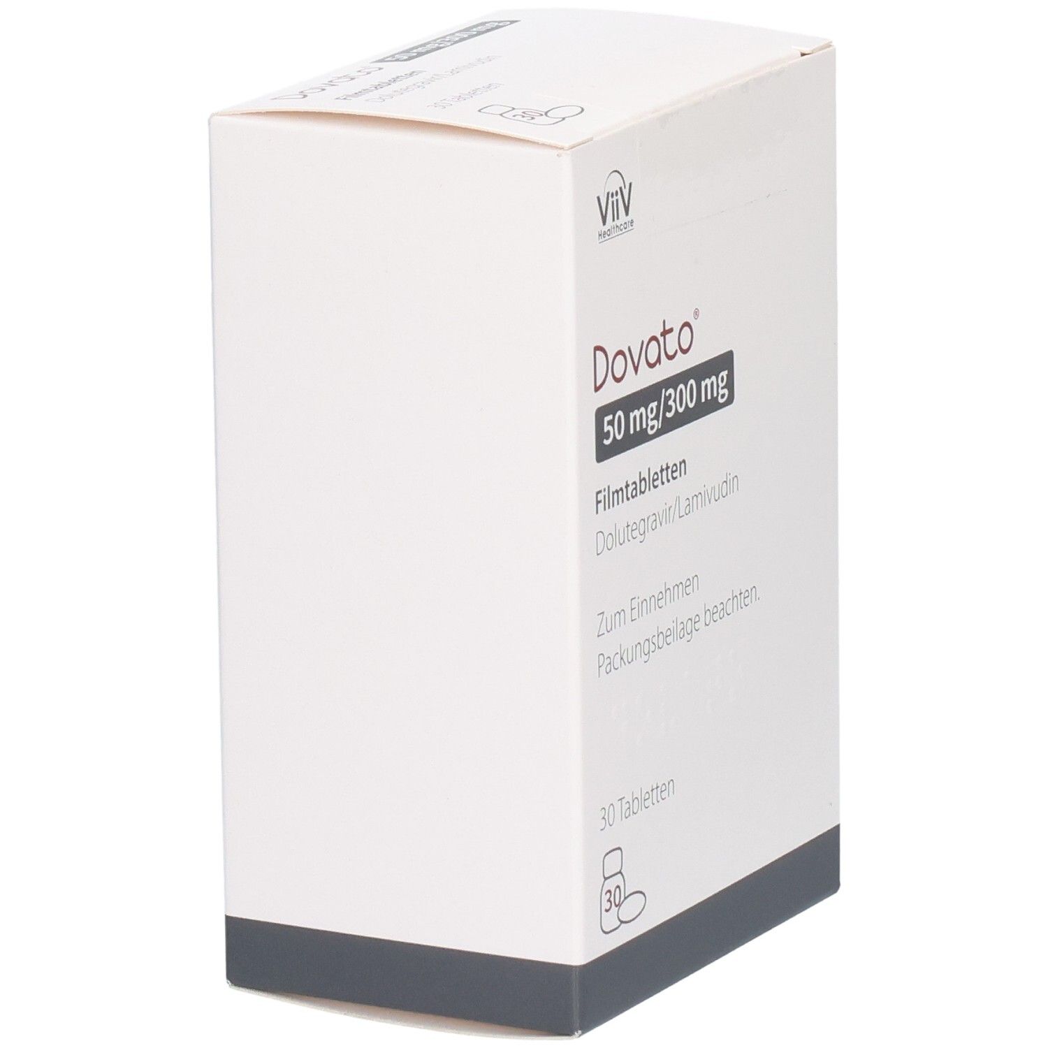 Packung Dovato Filmtabletten, 50 mg/300 mg, 30 Tabletten.