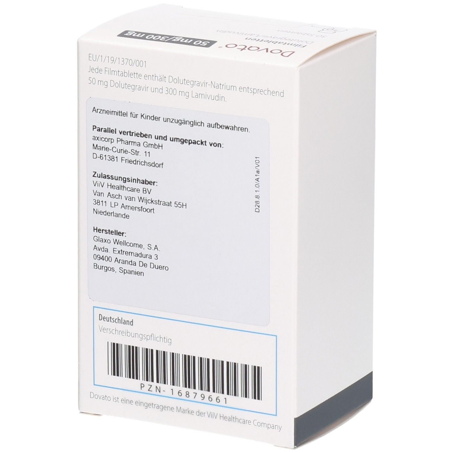 Verpackung Dovato Filmtabletten, 50 mg Dolutegravir/300 mg Lamivudin.