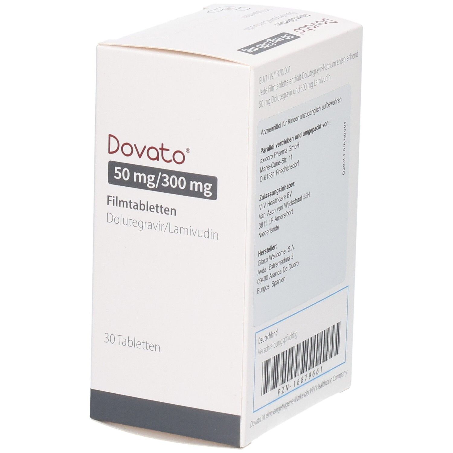 Packung Dovato 50 mg/300 mg Filmtabletten mit Dolutegravir/Lamivudin, 30 Tabletten.