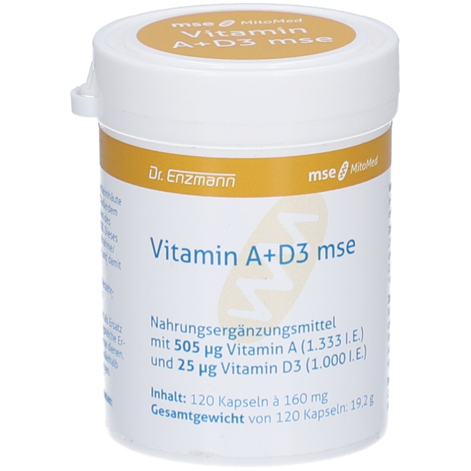 Weiße Dose mit gelbem Deckel, Aufschrift 'Vitamin A+D3 mse'. Enthält 120 Kapseln. Marke: Dr. Enzmann.
