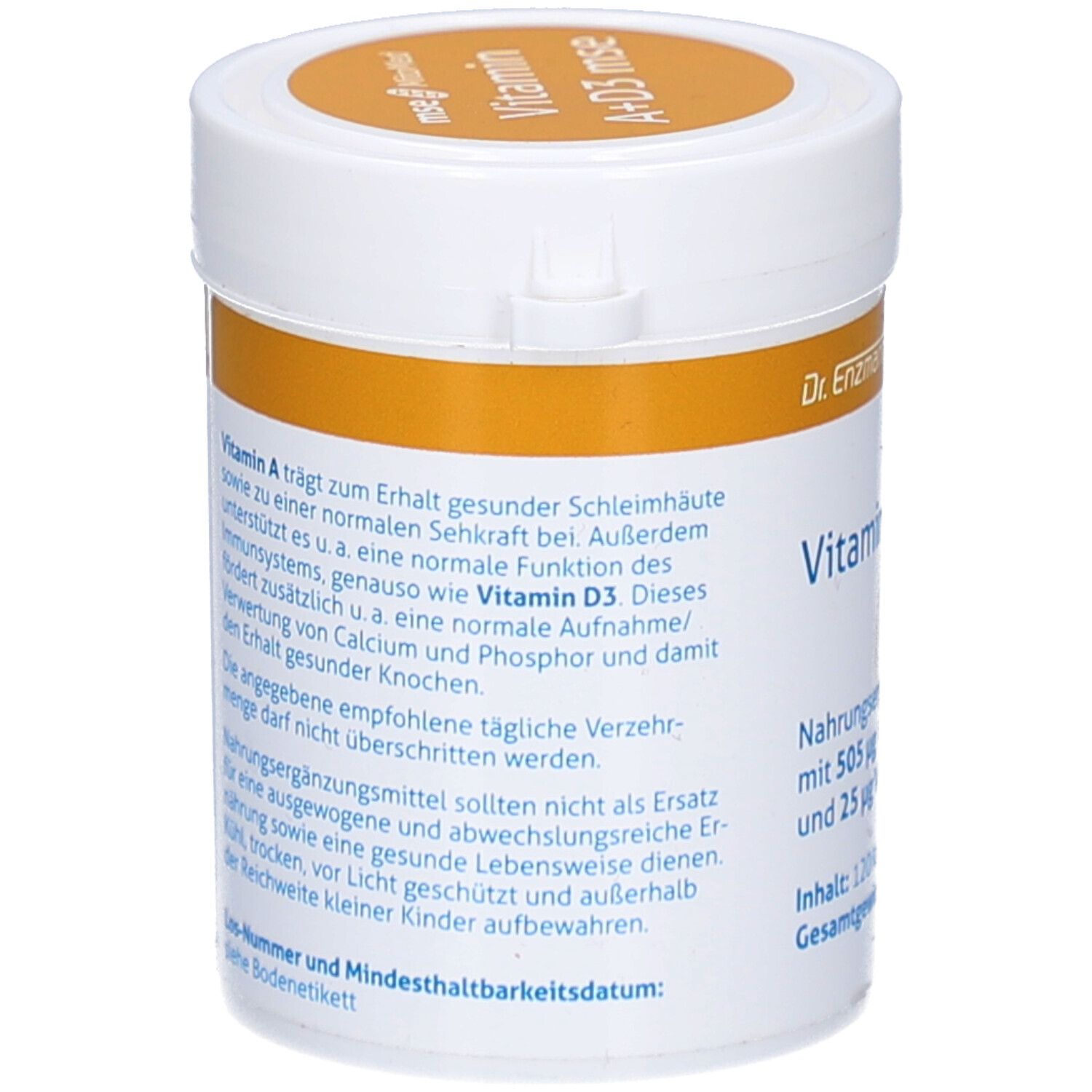 Weiße Dose mit gelbem Deckel. Text auf der Dose: 'Vitamin A+D3 mse'. Enthält Informationen zu Inhaltsstoffen und Anwendung.