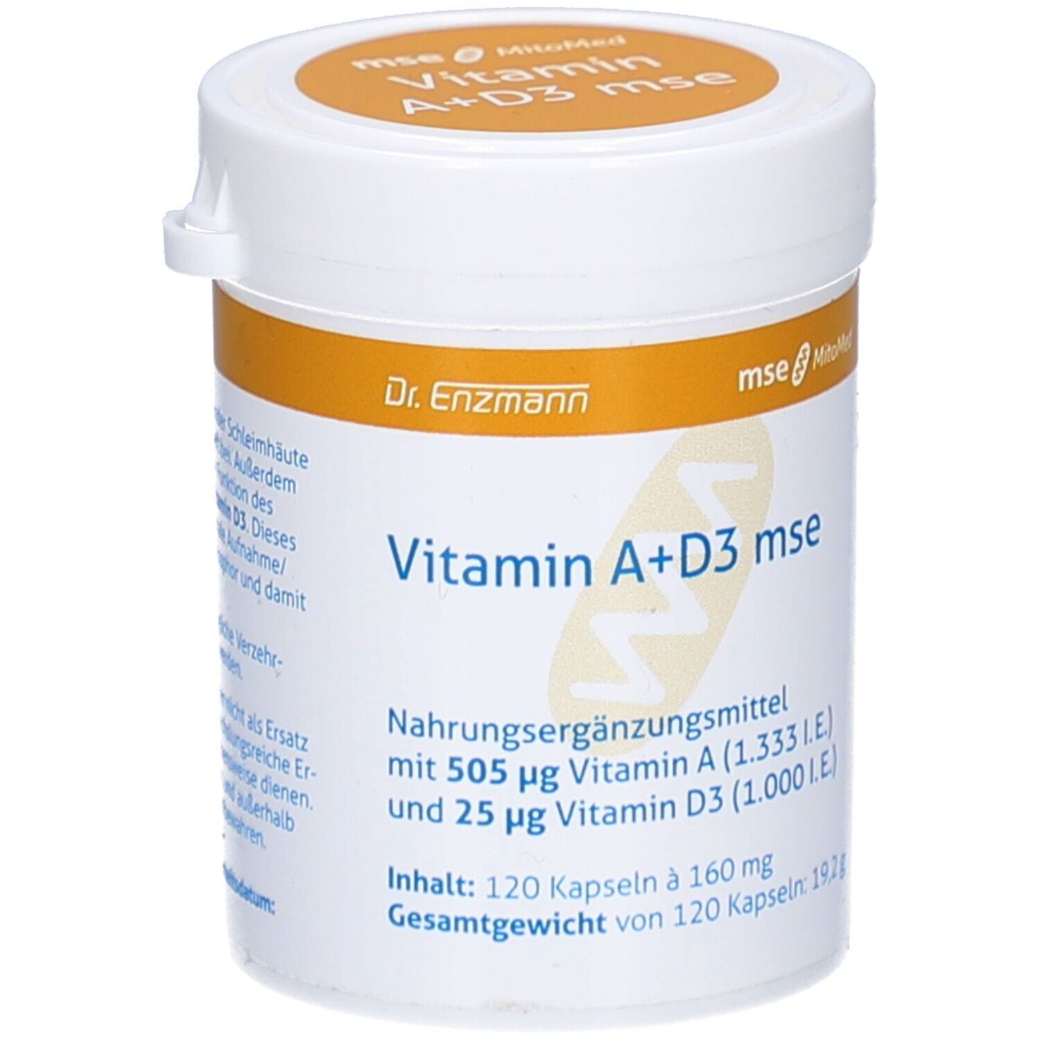 Weiße Dose mit gelbem Deckel, Aufschrift 'Vitamin A+D3 mse'. Enthält 120 Kapseln. Marke: Dr. Enzmann.