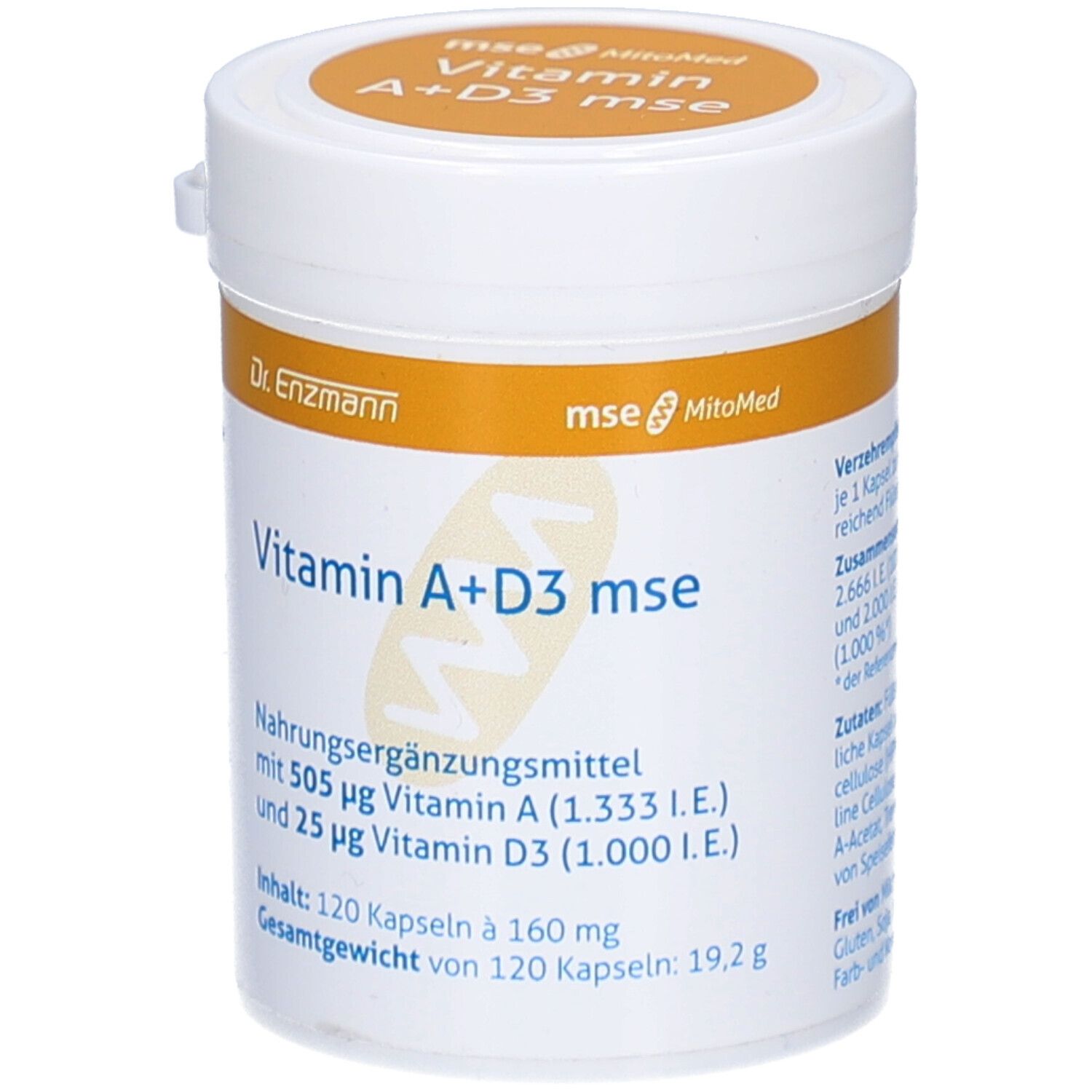 Weiße Dose mit gelbem Deckel, Aufschrift 'Vitamin A+D3 mse'. Enthält 120 Kapseln. Marke: Dr. Enzmann.