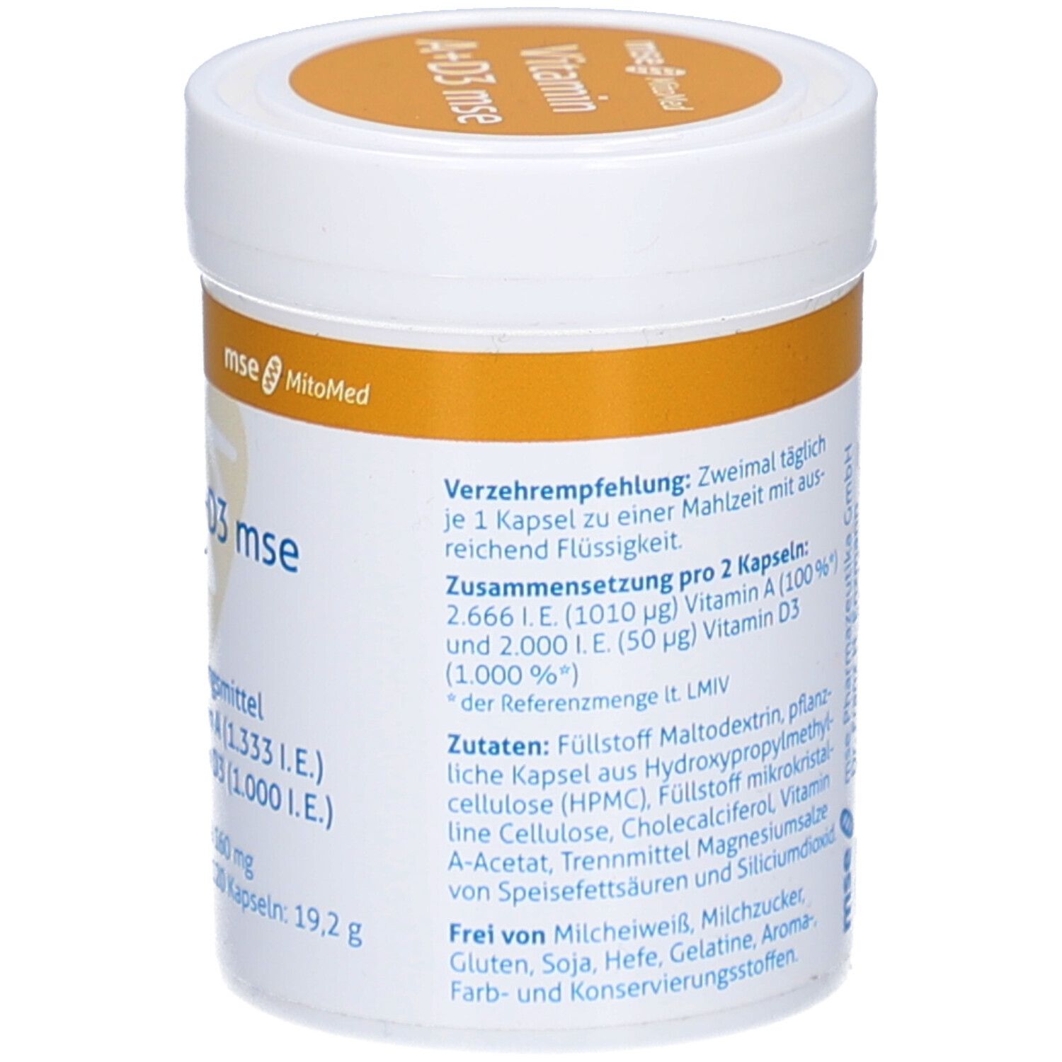 Weiße Dose mit gelbem Deckel. Aufschrift 'Vitamin A+D3 mse'. Enthält Informationen zu Inhaltsstoffen und Anwendung.