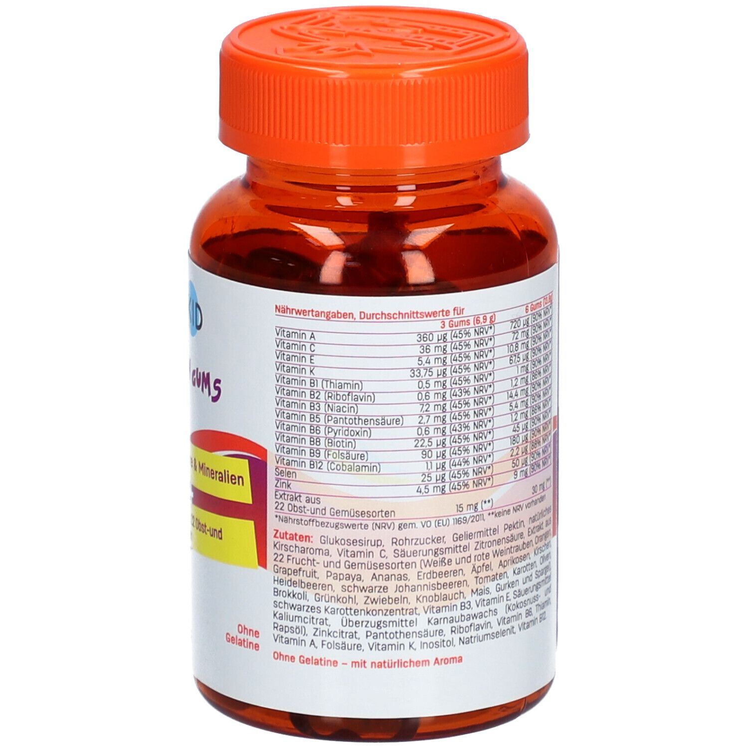 Braune Plastikflasche mit orangefarbenem Deckel. Rückseite mit Text und Nährwertangaben. Zutatenliste.