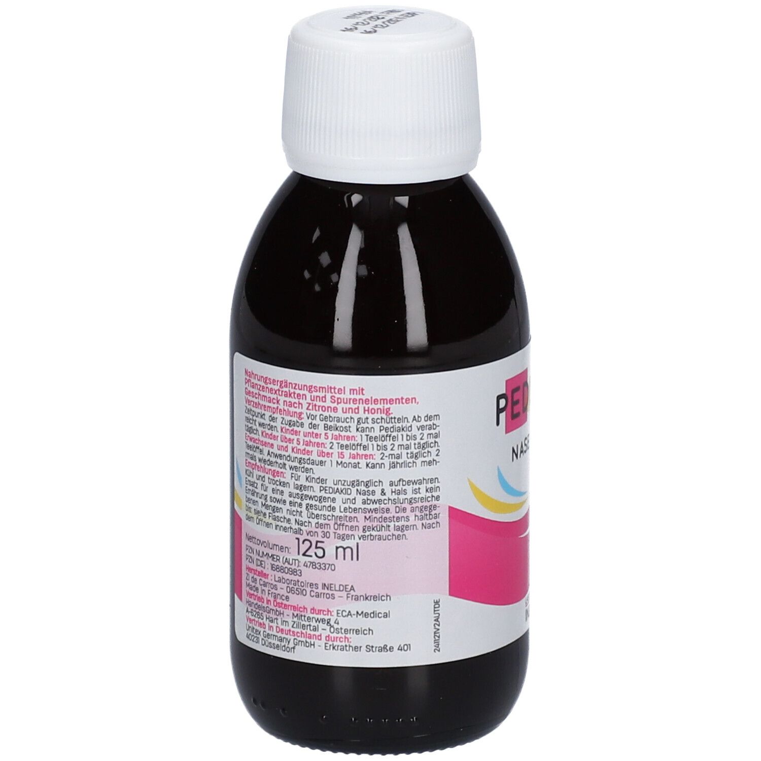 Pediakid Nase & Hals. Flasche mit brauner Flüssigkeit und weißem Deckel. Produktinformationen auf dem Etikett.