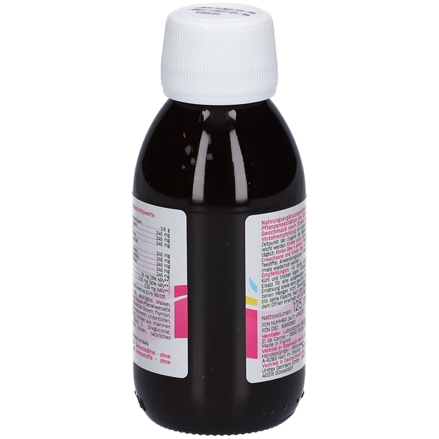 Pediakid Nase & Hals. Flasche mit brauner Flüssigkeit und weißem Deckel. Etikett mit Produktinformationen.