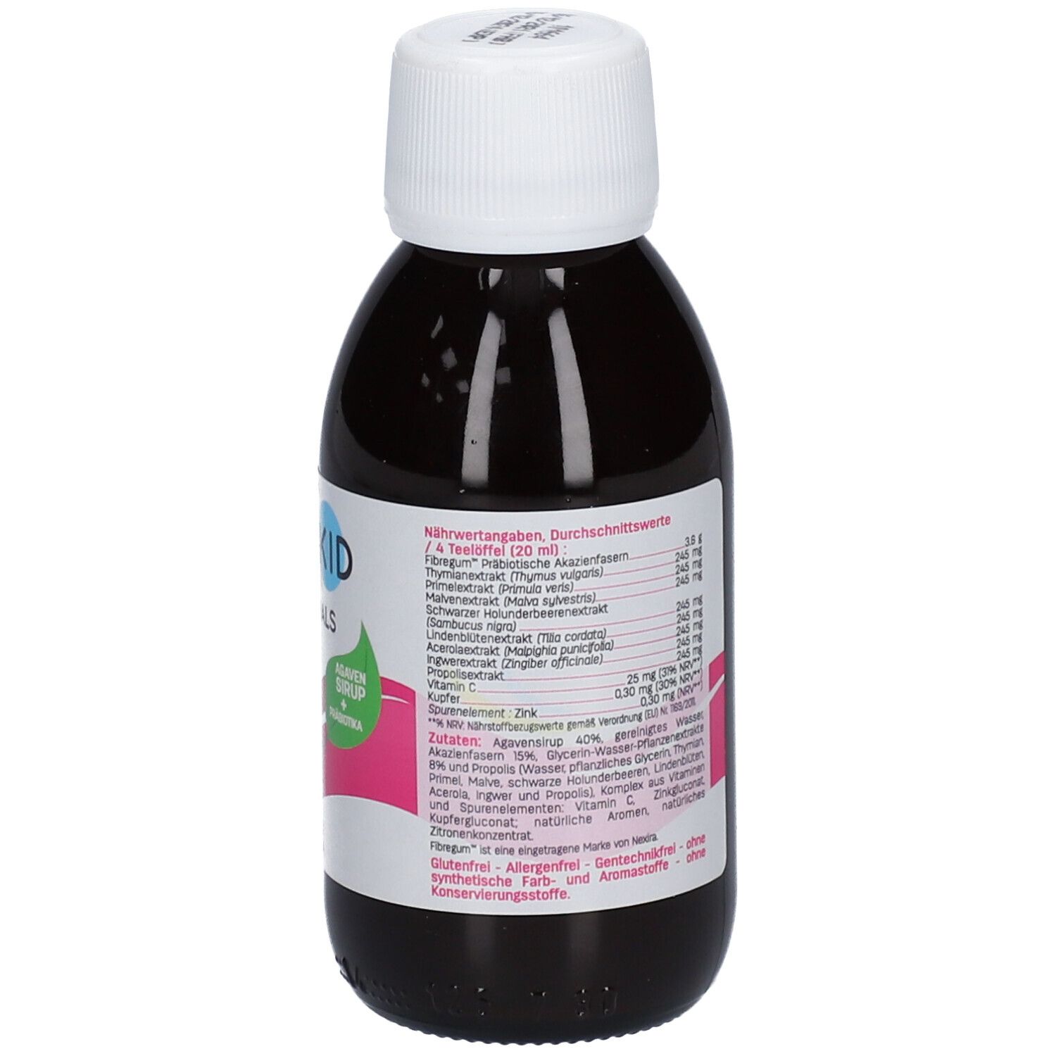 Pediakid Nase & Hals. Flasche mit brauner Flüssigkeit und weißem Deckel. Etikett mit Produktinformationen.
