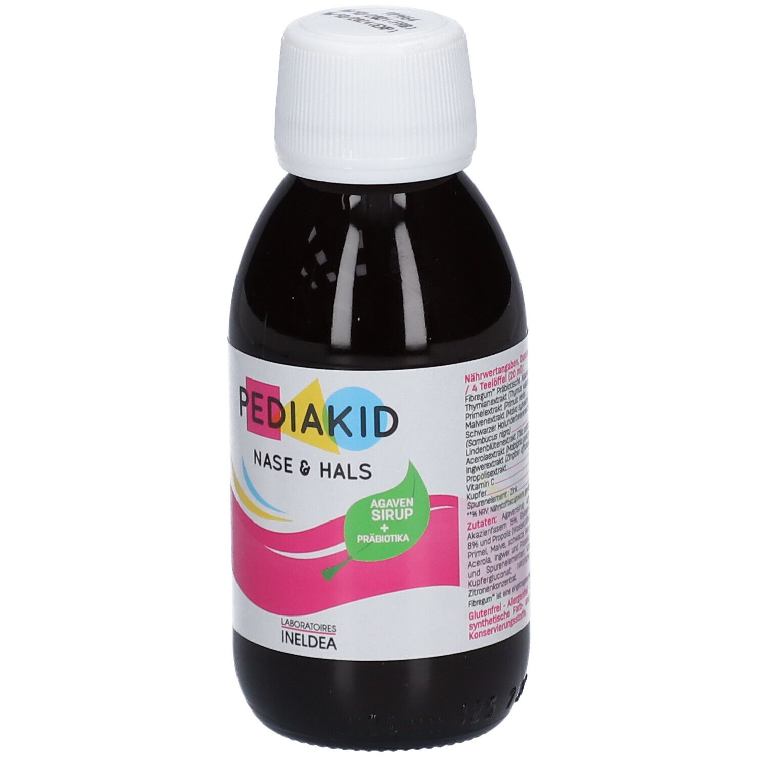 Pediakid Nase & Hals. Flasche mit brauner Flüssigkeit und weißem Deckel. Etikett mit Produktinformationen.