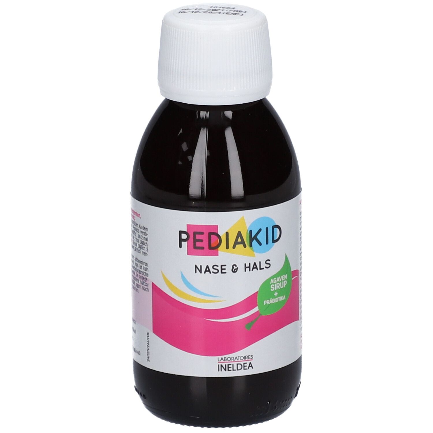Pediakid Nase & Hals. Flasche mit brauner Flüssigkeit und weißem Deckel. Etikett mit Produktinformationen.