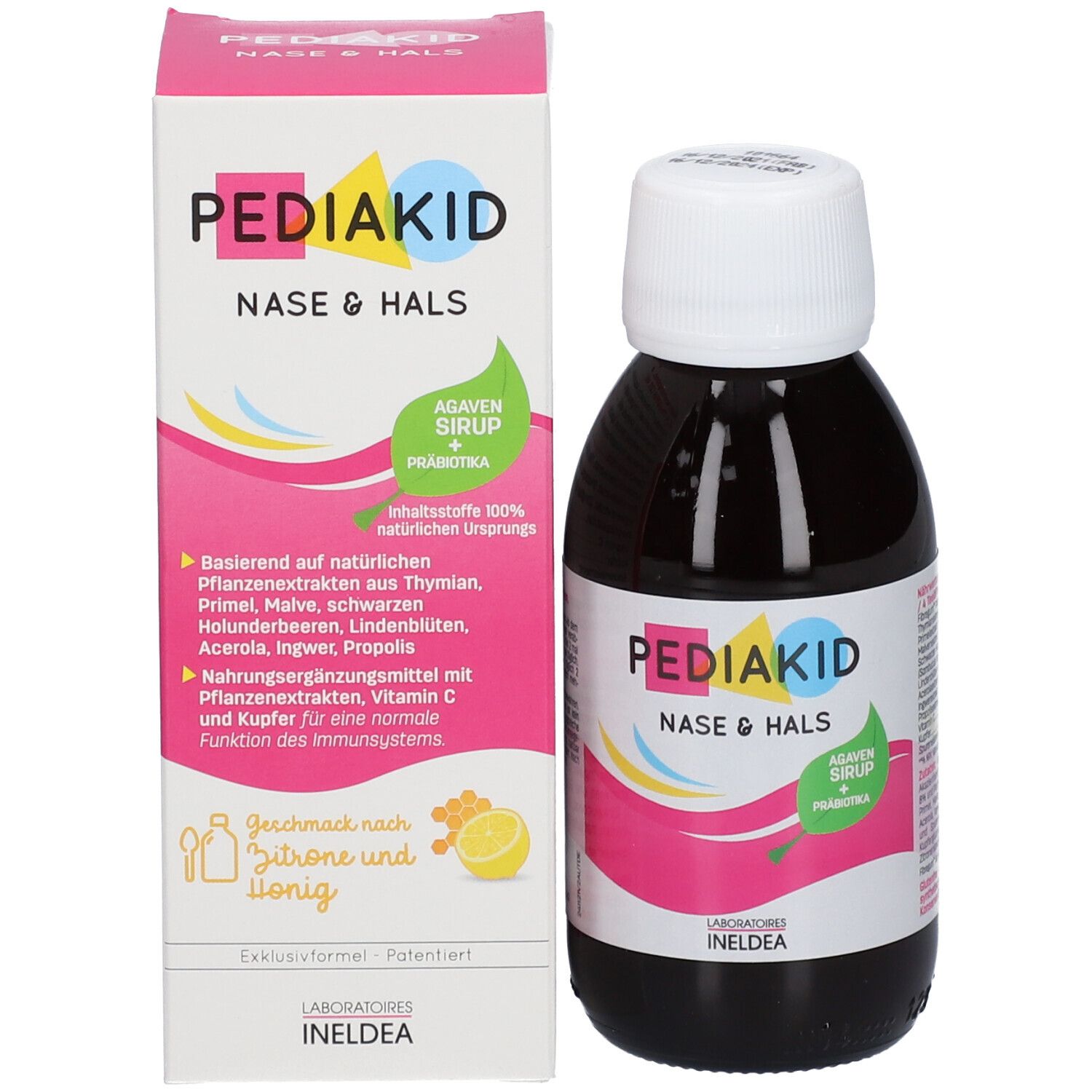 Pediakid Nase & Hals. Flasche und Verpackung. Braune Flüssigkeit, weißer Deckel. Rosa, gelbe und blaue Akzente.
