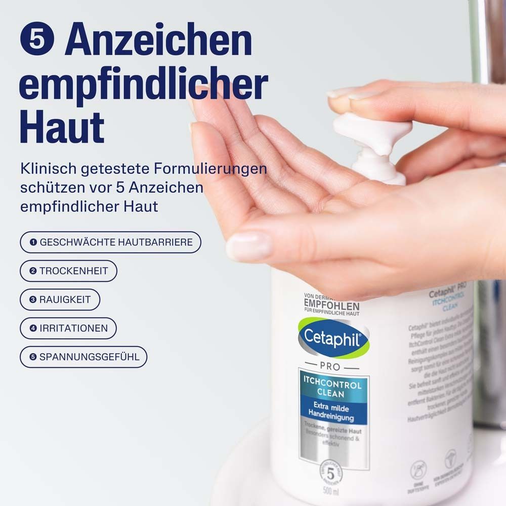 Hände mit Flasche. Text: 5 Anzeichen empfindlicher Haut. Geschwächte Hautbarriere, Trockenheit, etc.