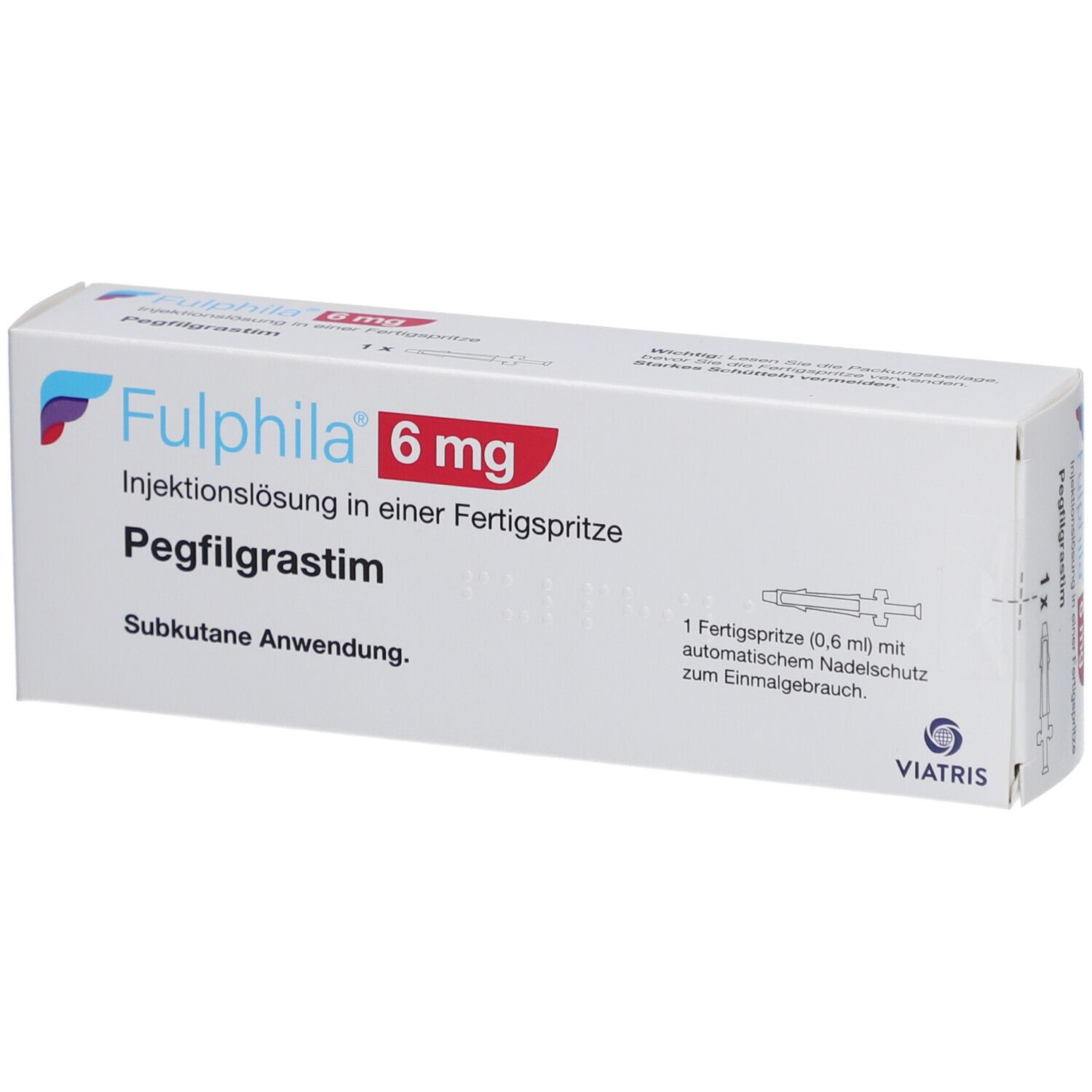 Weiße Faltschachtel mit FULPHILA 6 mg. Text: Injektionslösung, Pegfilgrastim, Fertigspritze. Viatris Logo.